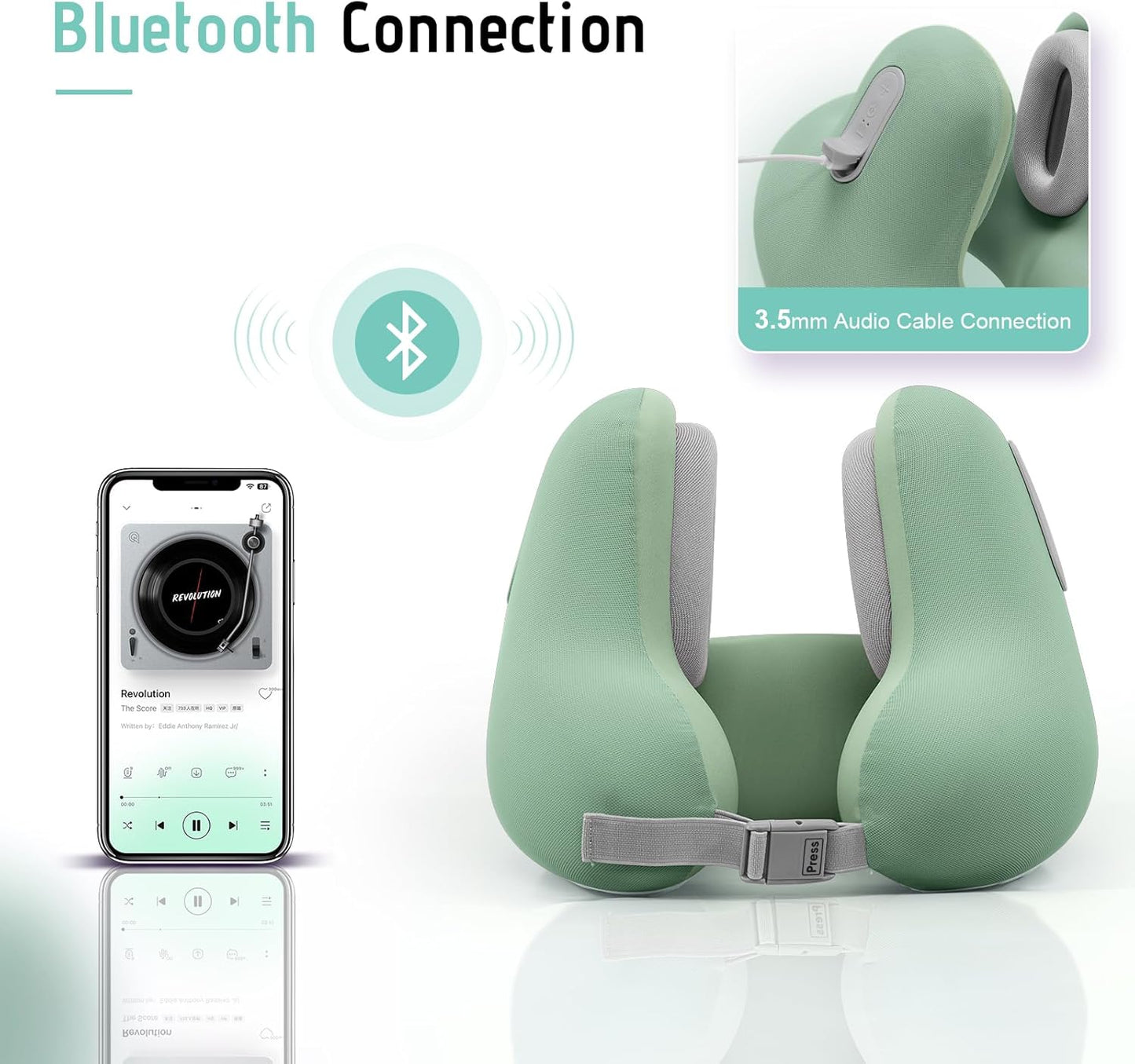 Dluxe Ave. Travel Neck Pillow with Bluetooth Headset/Memory Foam Airplane Pillow for Head Support /(Green)