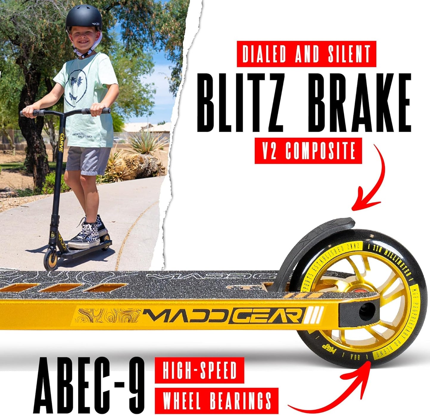Dluxe Ave. Madd Gear Carve Elite Complete Trick Scooter/ Aircraft Grade Aluminum/ Stunt Scooter/  Best Pro Scooter/  Gold&Black