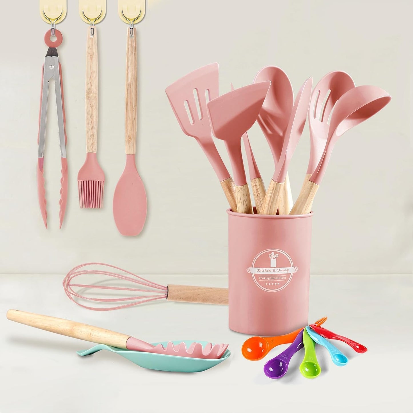 Dluxe Ave. Silicone Spatula Set/ Wooden Handle (Light Pink)