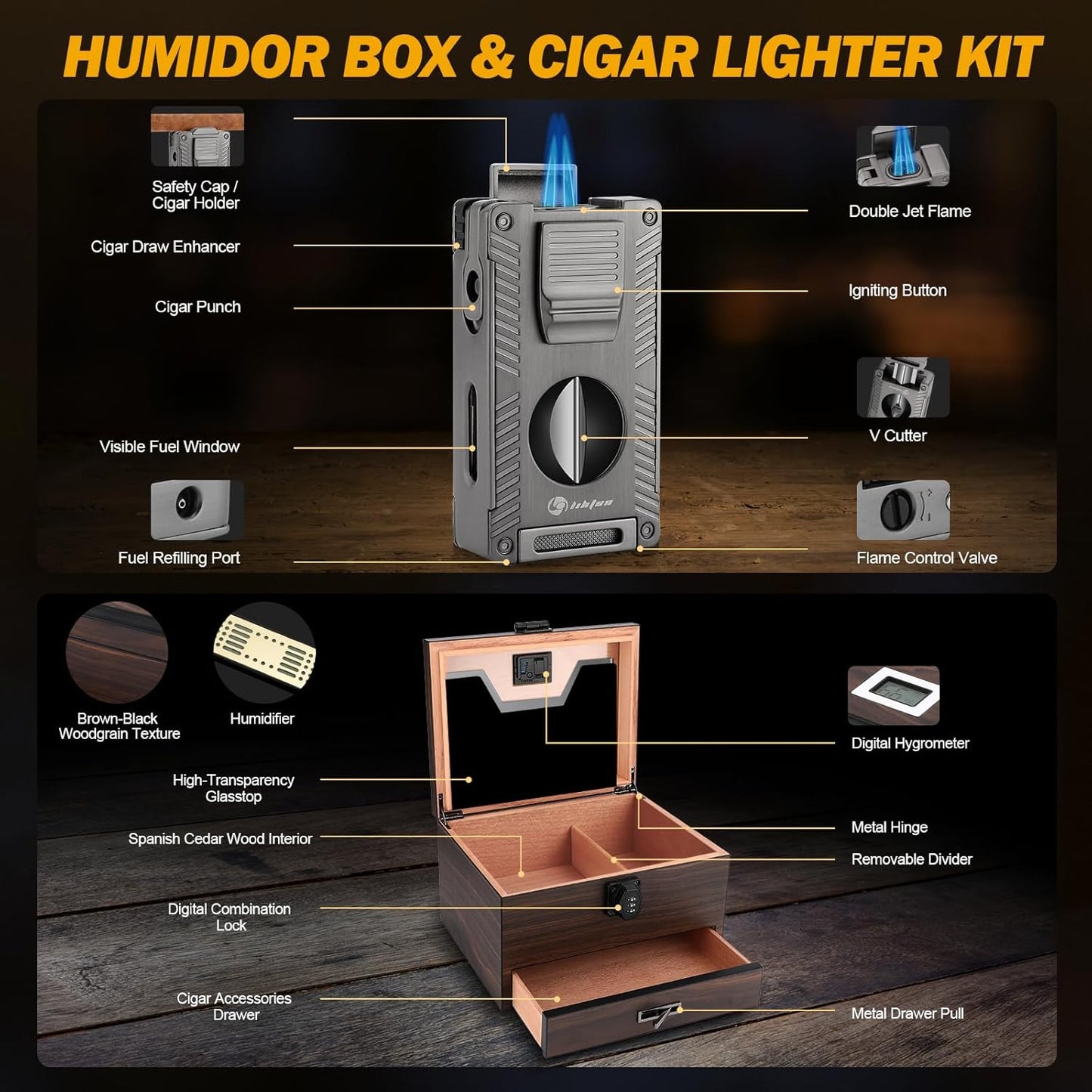 Dluxe Ave. Cigar Humidor and Cigar Lighter Kit/ Cedar Wood