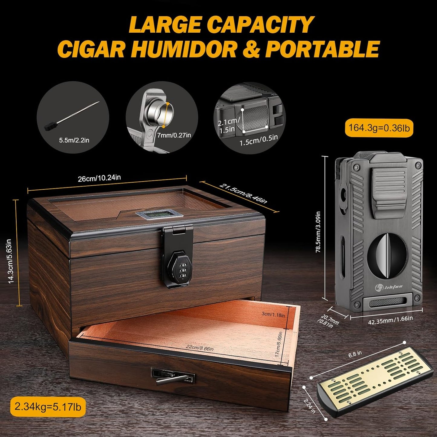 Dluxe Ave. Cigar Humidor and Cigar Lighter Kit/ Cedar Wood