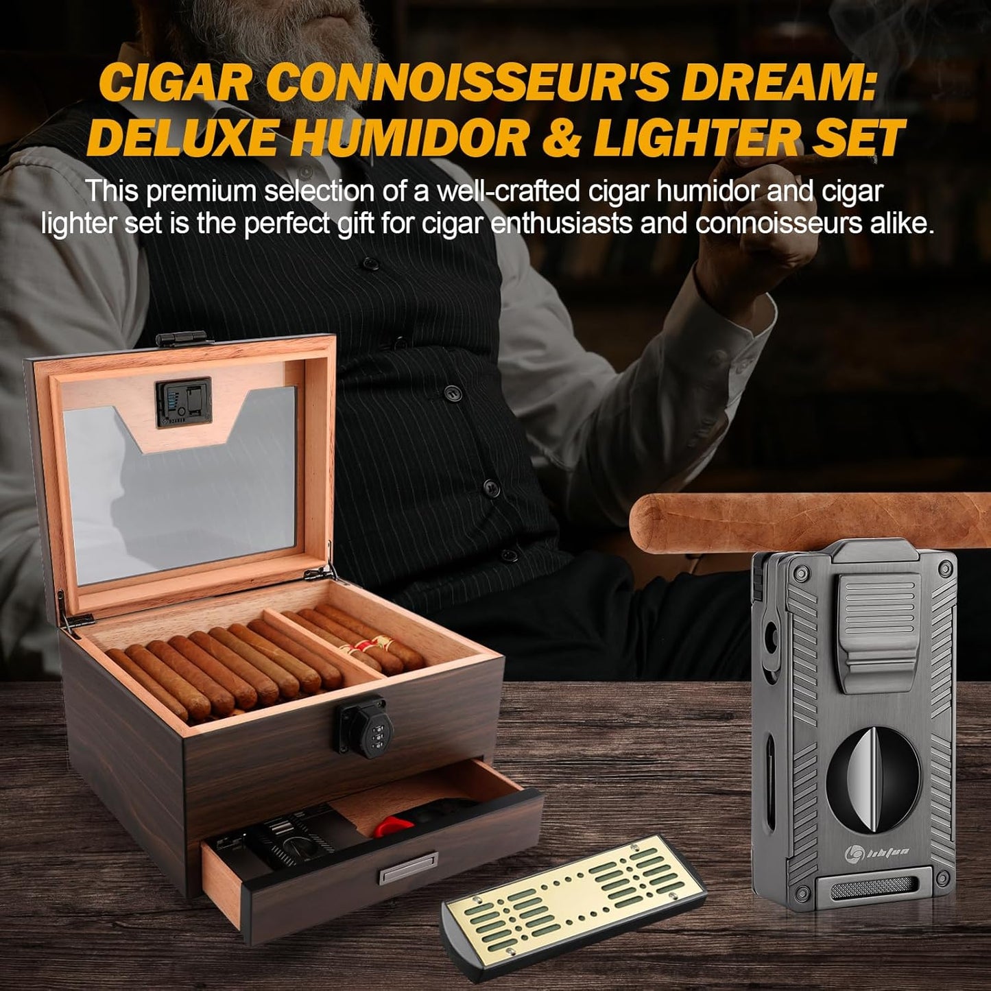 Dluxe Ave. Cigar Humidor and Cigar Lighter Kit/ Cedar Wood