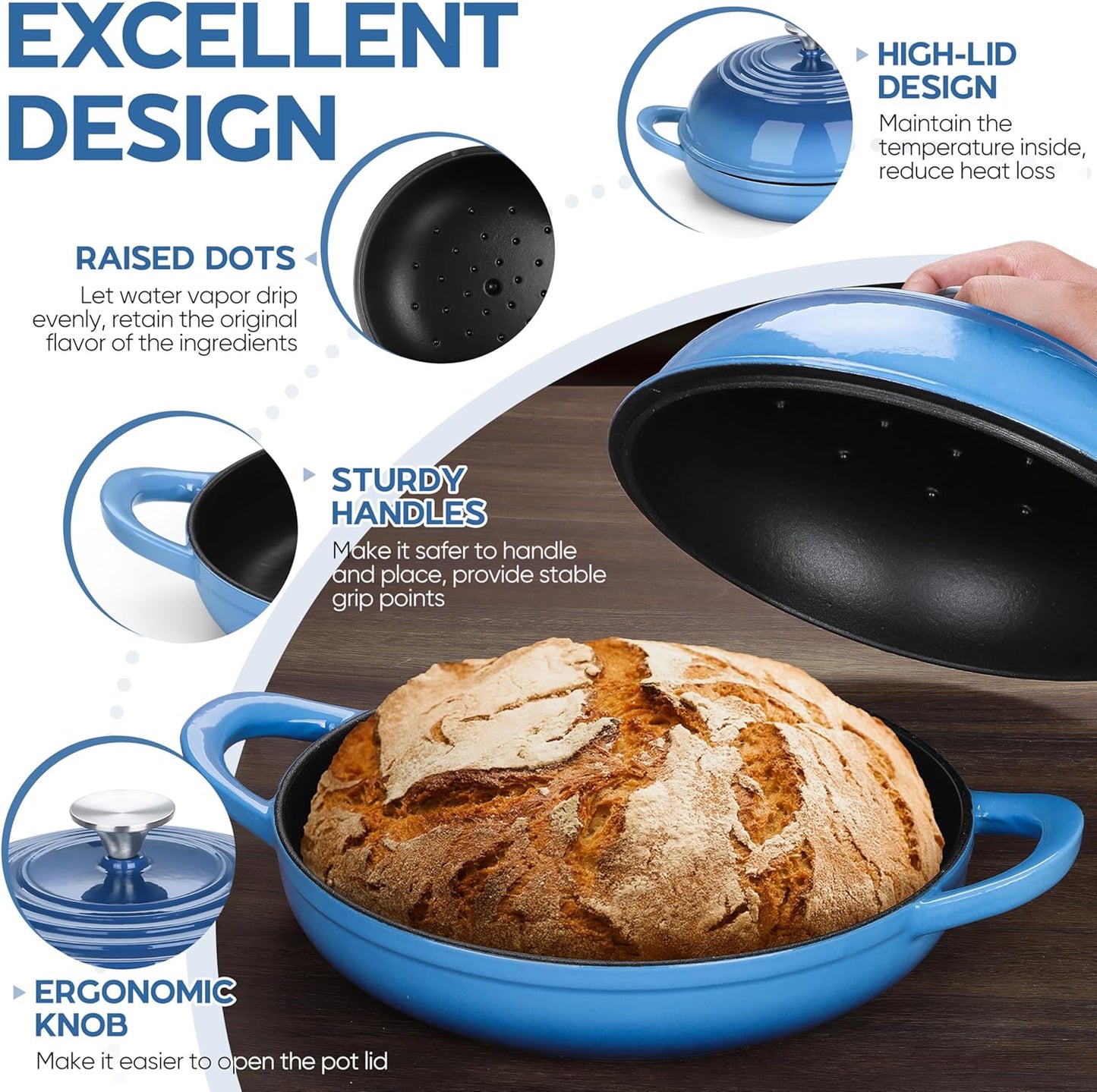 Dluxe Ave. 6 Qt Round Enameled Cast Iron Dutch Oven for,Sourdough Bread