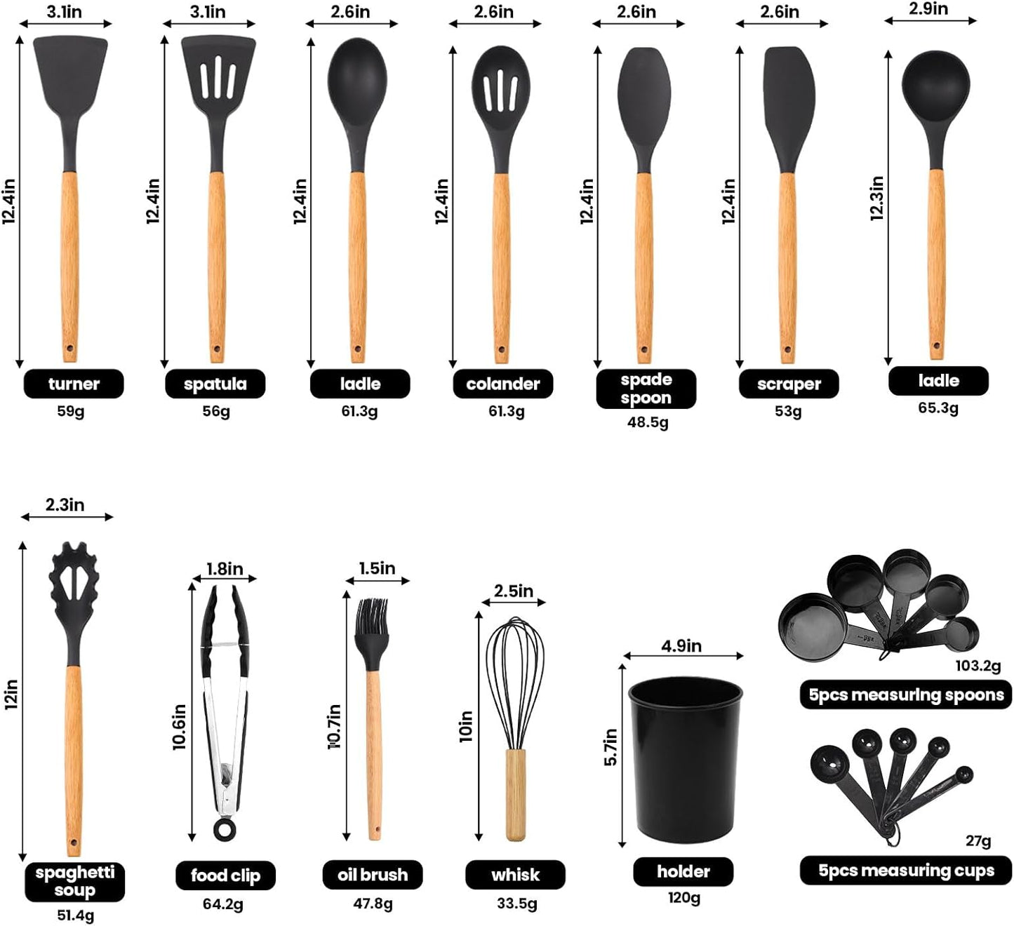 Dluxe Ave. 22 PCS Silicone Utensils with Wooden Handle Set