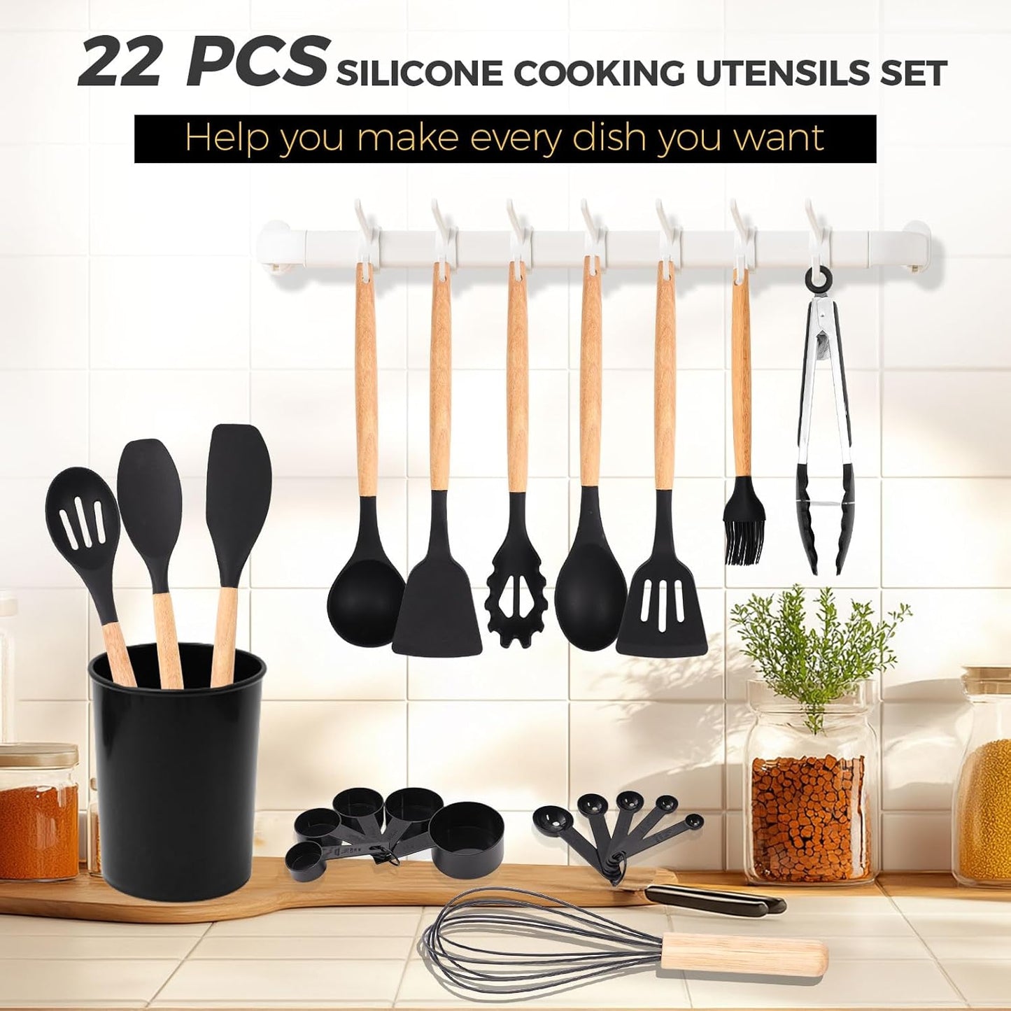 Dluxe Ave. 22 PCS Silicone Utensils with Wooden Handle Set