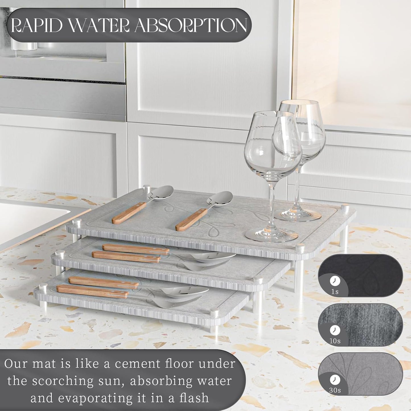 Dluxe Ave. Stone Drying Mat for Kitchen Counter/ 3Pcs (Dark Gray)