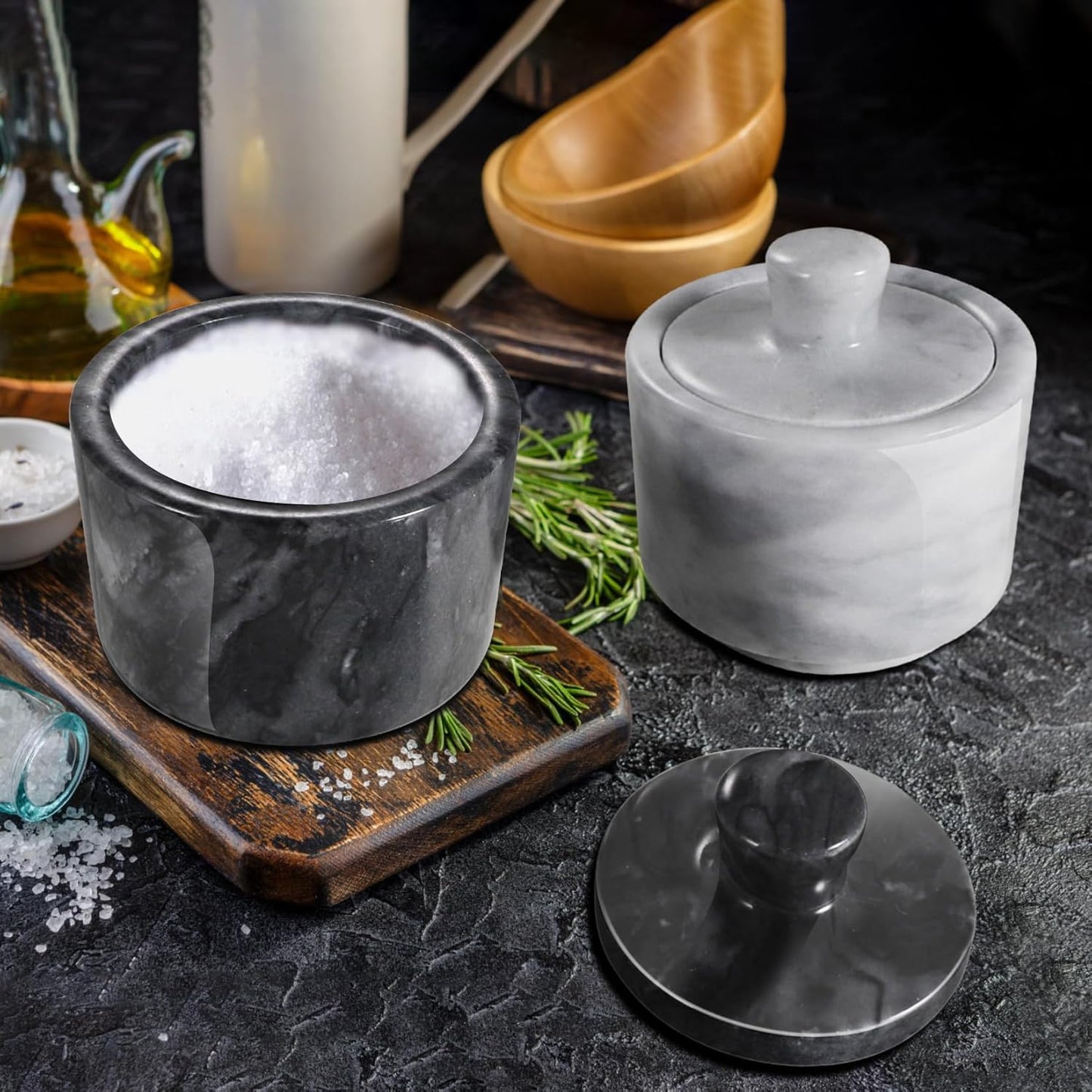 Dluxe Ave. RingsTown 3.2"x3.2" Marble Salt Cellar with Lid Multipurpose Marble Container for Salt Pepper and other seasonings
