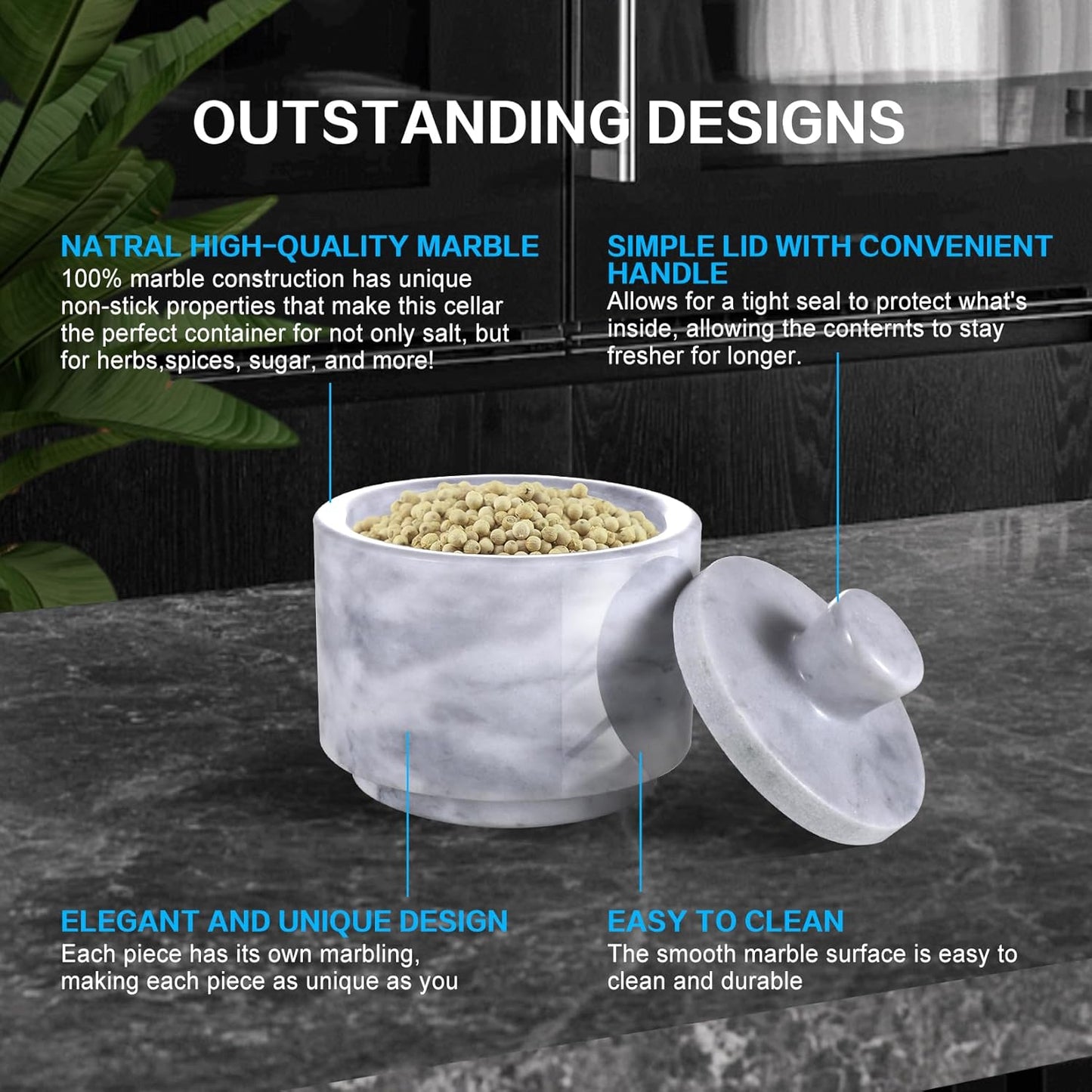 Dluxe Ave. RingsTown 3.2"x3.2" Marble Salt Cellar with Lid Multipurpose Marble Container for Salt Pepper and other seasonings