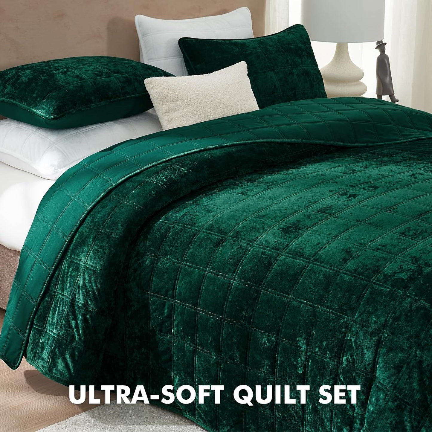Dluxe Ave. ( KING ) 3 Pcs Velvet Quilt Luxury Bedspread Bedding Set, Ultra Soft Coverlet Oversized, for All Season 108"x92", Dark Green