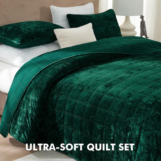 Dluxe Ave. ( KING ) 3 Pcs Velvet Quilt Luxury Bedspread Bedding Set/ Ultra Soft for All Season/  Dark Green