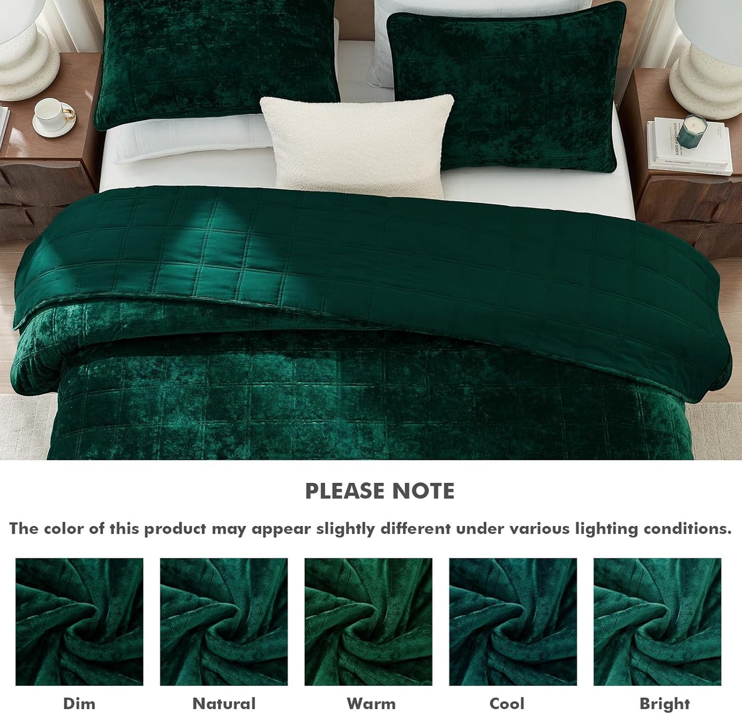 Dluxe Ave. ( KING ) 3 Pcs Velvet Quilt Luxury Bedspread Bedding Set, Ultra Soft Coverlet Oversized, for All Season 108"x92", Dark Green