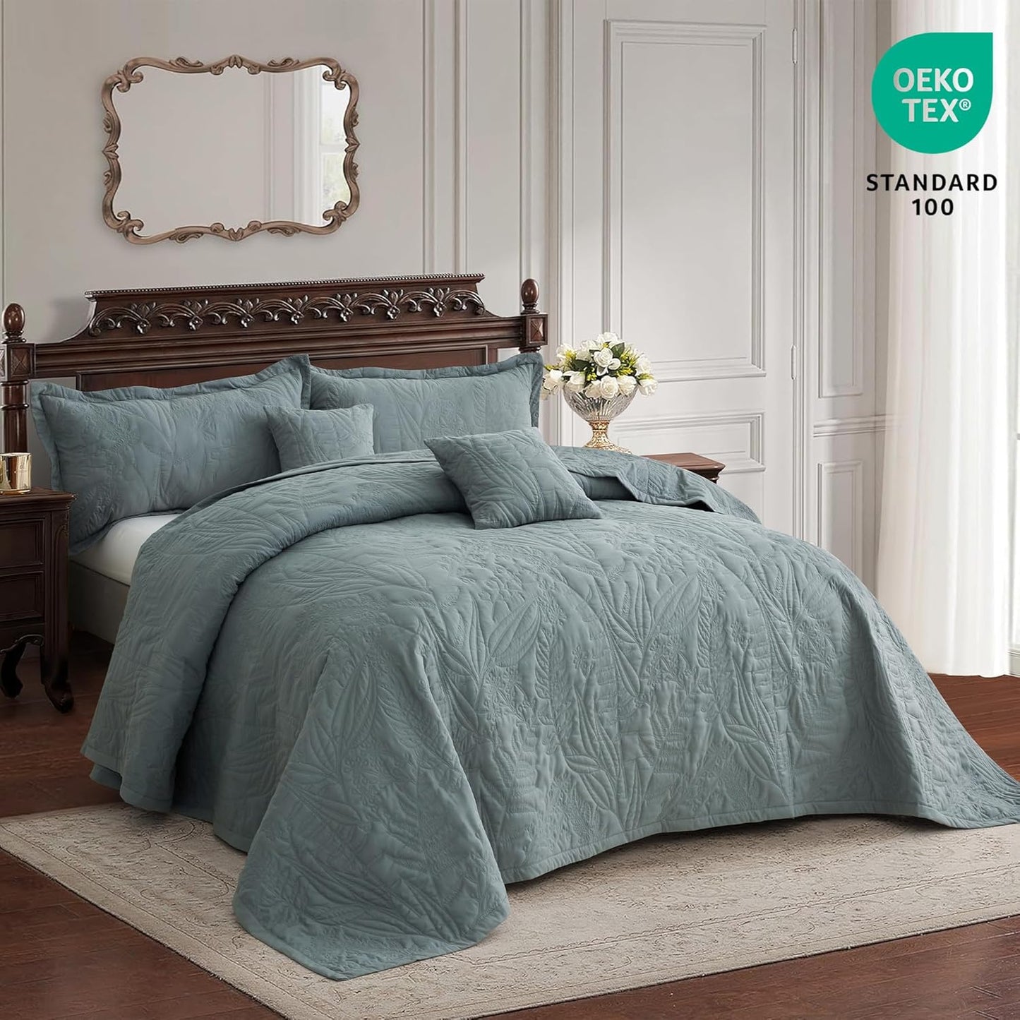 Dluxe Ave. ( KING ) 5 Pcs Oversized Bedspread Quilt Set, Elegant & Fresh Style, Grey