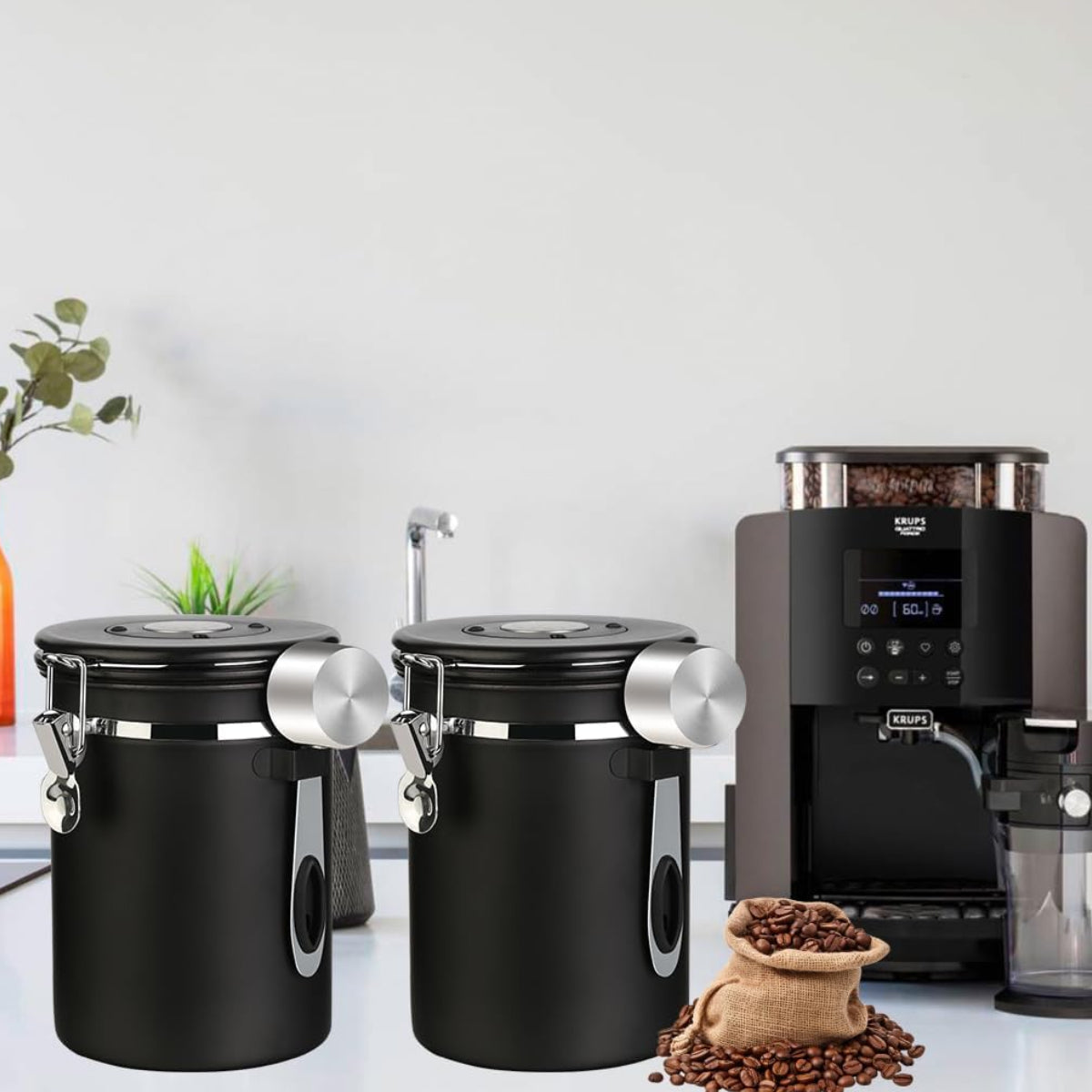 Dluxe Ave. Coffee Canister Airtight Coffee Storage Container Stainless Steel Air Tight Coffee Jar with Scoop(2pcs-Black-1.8L)