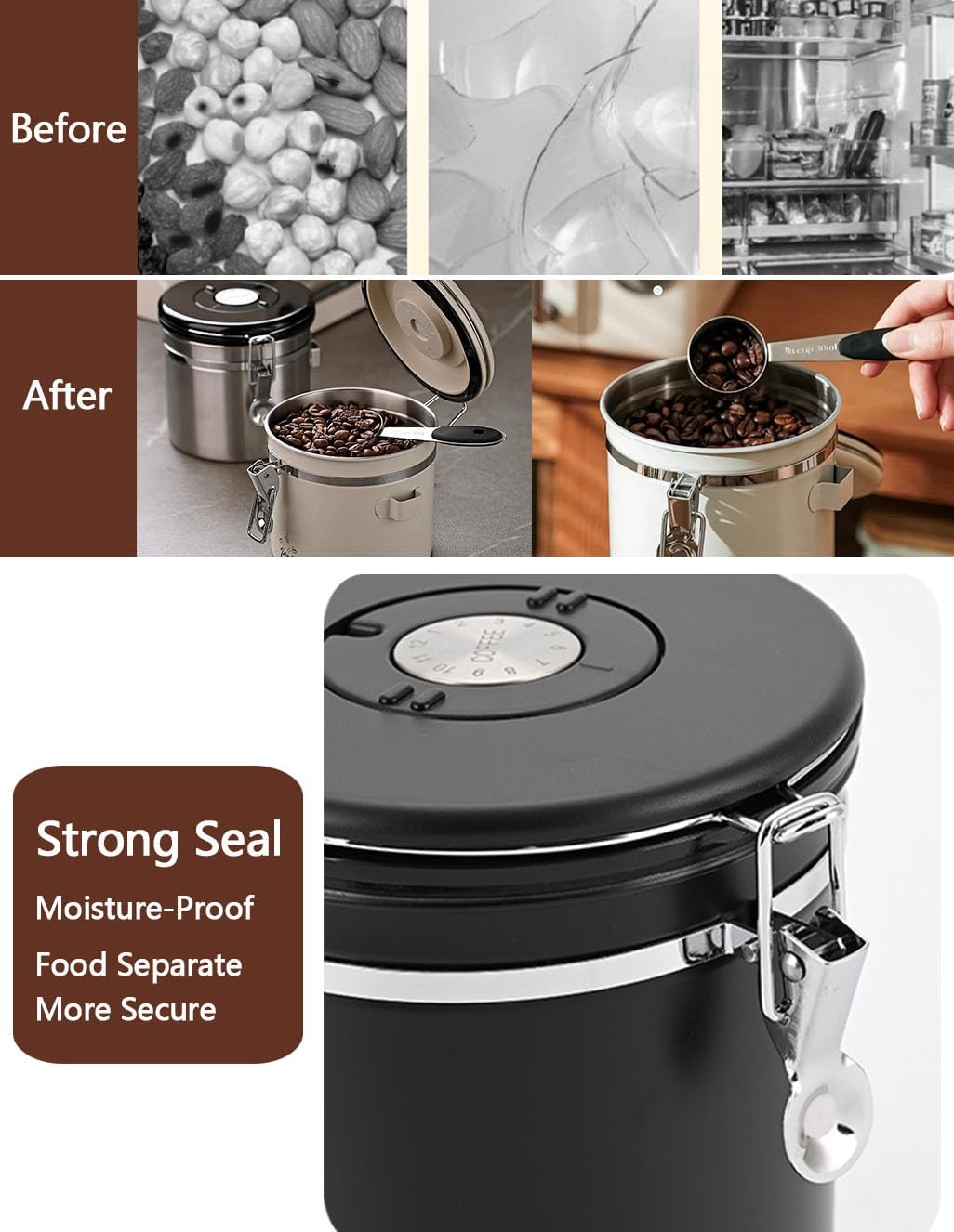 Dluxe Ave. Coffee Canister Airtight Coffee Storage Container Stainless Steel Air Tight Coffee Jar with Scoop(2pcs-Black-1.8L)