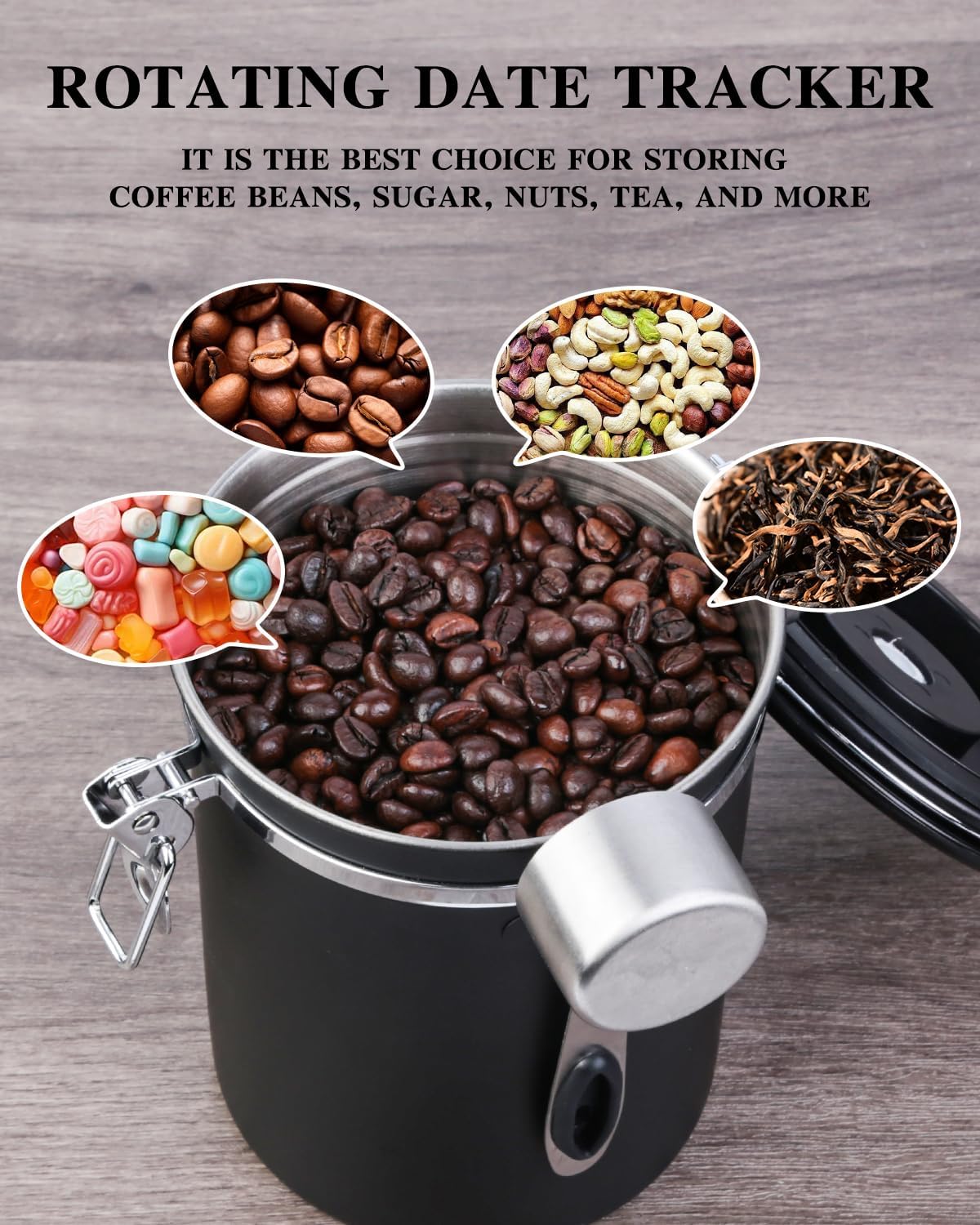 Dluxe Ave. Coffee Canister Airtight Coffee Storage Container Stainless Steel Air Tight Coffee Jar with Scoop(2pcs-Black-1.8L)