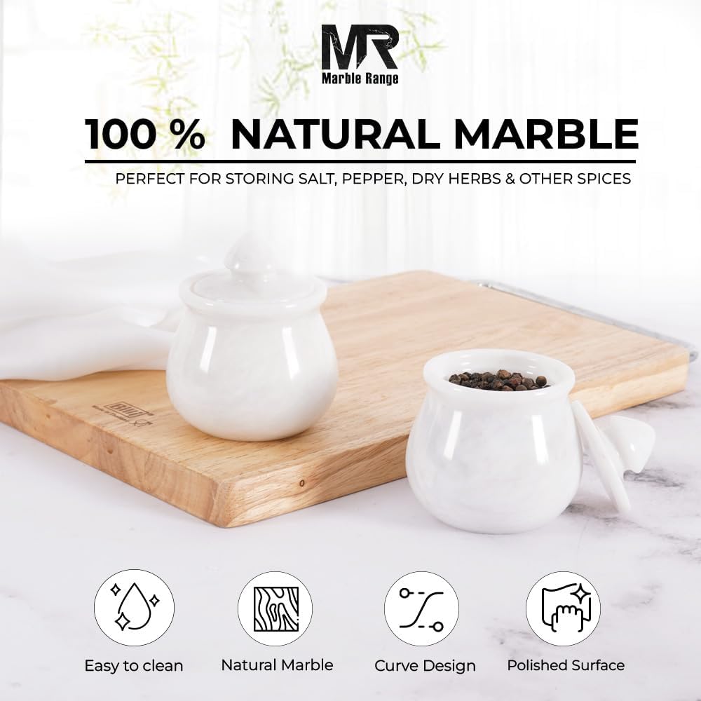 Dluxe Ave. Marble Salt Cellar With Lid White 3.5" Inches Handmade Set Of 2 Salt & Pepper Container Salt Box Salt Holder With Lid - Salt Cellar Spice Containers For Kitchen Decor
