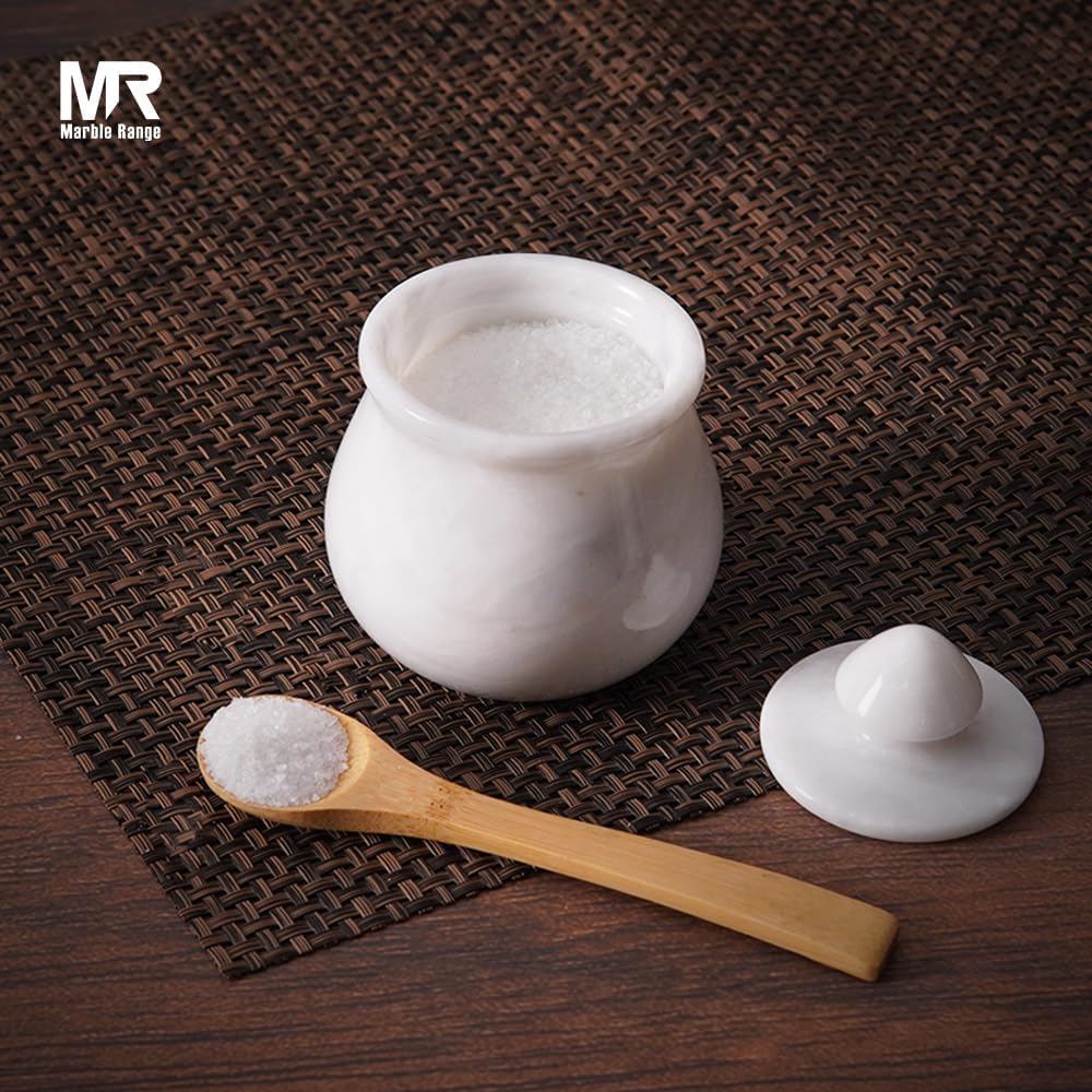 Dluxe Ave. Marble Salt Cellar With Lid White 3.5" Inches Handmade Set Of 2 Salt & Pepper Container Salt Box Salt Holder With Lid - Salt Cellar Spice Containers For Kitchen Decor