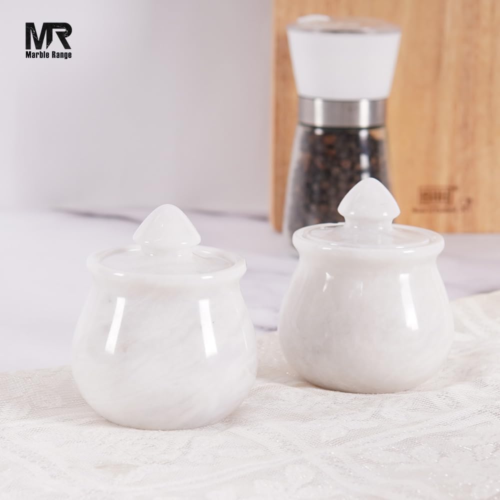Dluxe Ave. Marble Salt Cellar With Lid White 3.5" Inches Handmade Set Of 2 Salt & Pepper Container Salt Box Salt Holder With Lid - Salt Cellar Spice Containers For Kitchen Decor