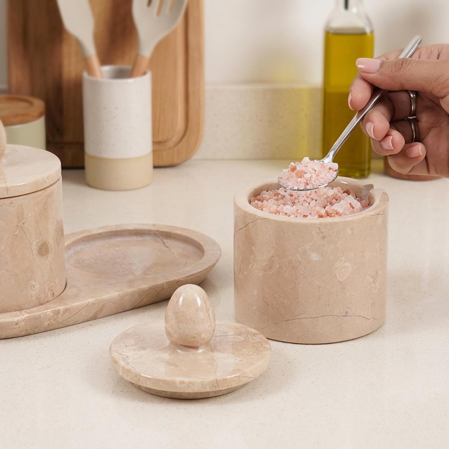 Dluxe Ave. Marble Salt Cellar With Lid & Spoon Verona 4" Inches Handmade Set Of 2 Salt Cellar With Lid Salt & Pepper Container With Tray Salt Cellar Salt Box - Sugar Container & Salt Holder