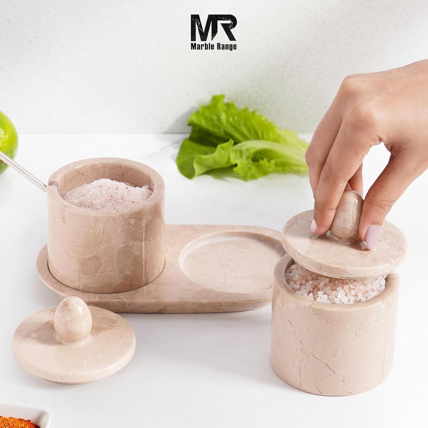 Dluxe Ave. Marble Salt Cellar With Lid & Spoon Verona 4" Inches Handmade Set Of 2 Salt Cellar With Lid Salt & Pepper Container With Tray Salt Cellar Salt Box - Sugar Container & Salt Holder