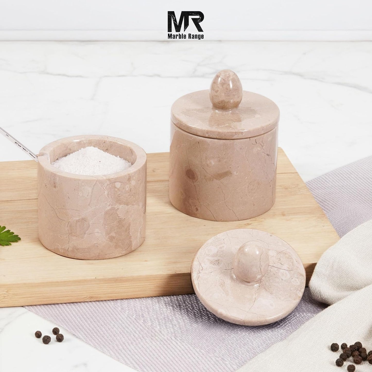 Dluxe Ave. Marble Salt Cellar With Lid & Spoon Verona 4" Inches Handmade Set Of 2 Salt Cellar With Lid Salt & Pepper Container With Tray Salt Cellar Salt Box - Sugar Container & Salt Holder