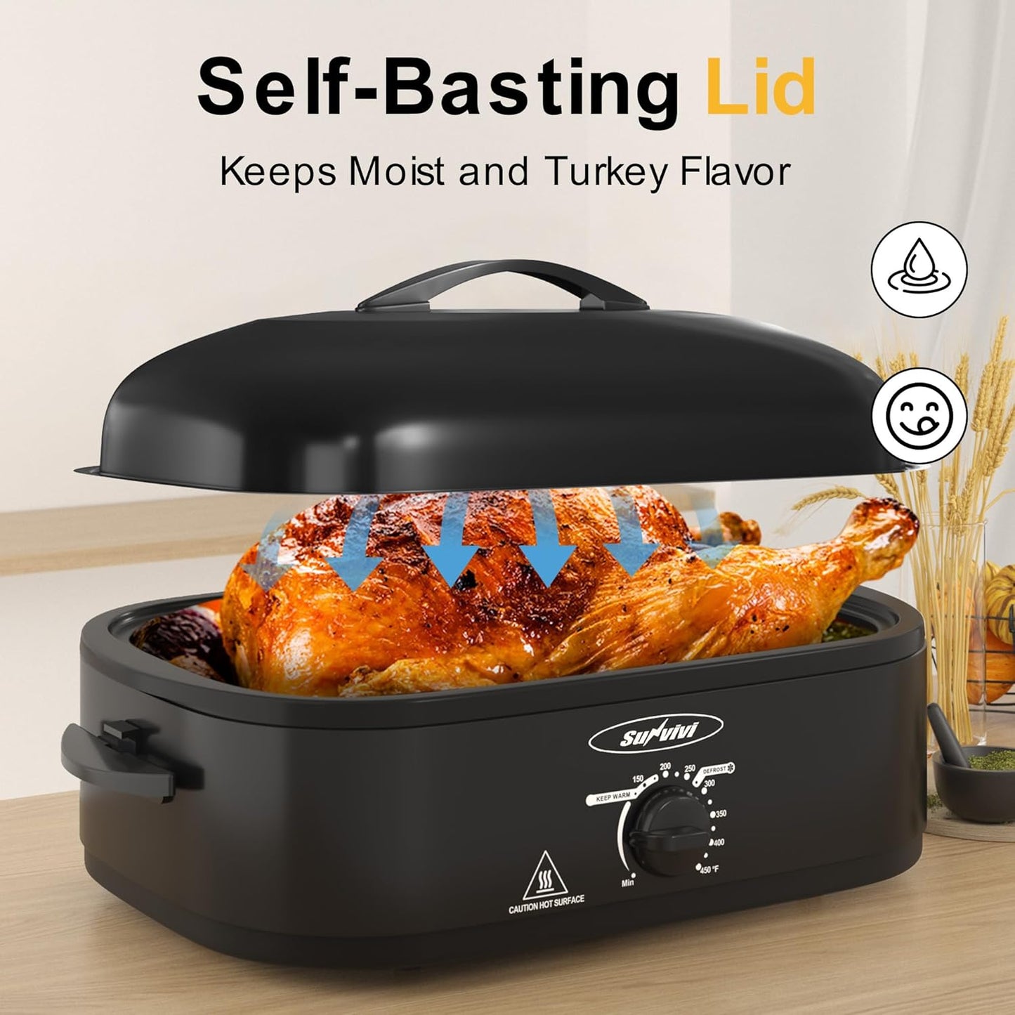 Dluxe Ave. 14-Quart Roaster Oven with Self-Basting Lid / Removable Pan and Rack, Stainless Steel, Black