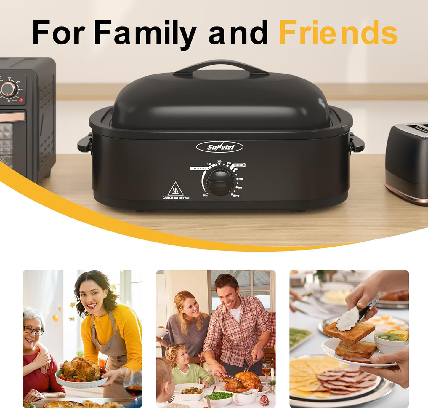 Dluxe Ave. 14-Quart Roaster Oven with Self-Basting Lid / Removable Pan and Rack, Stainless Steel, Black