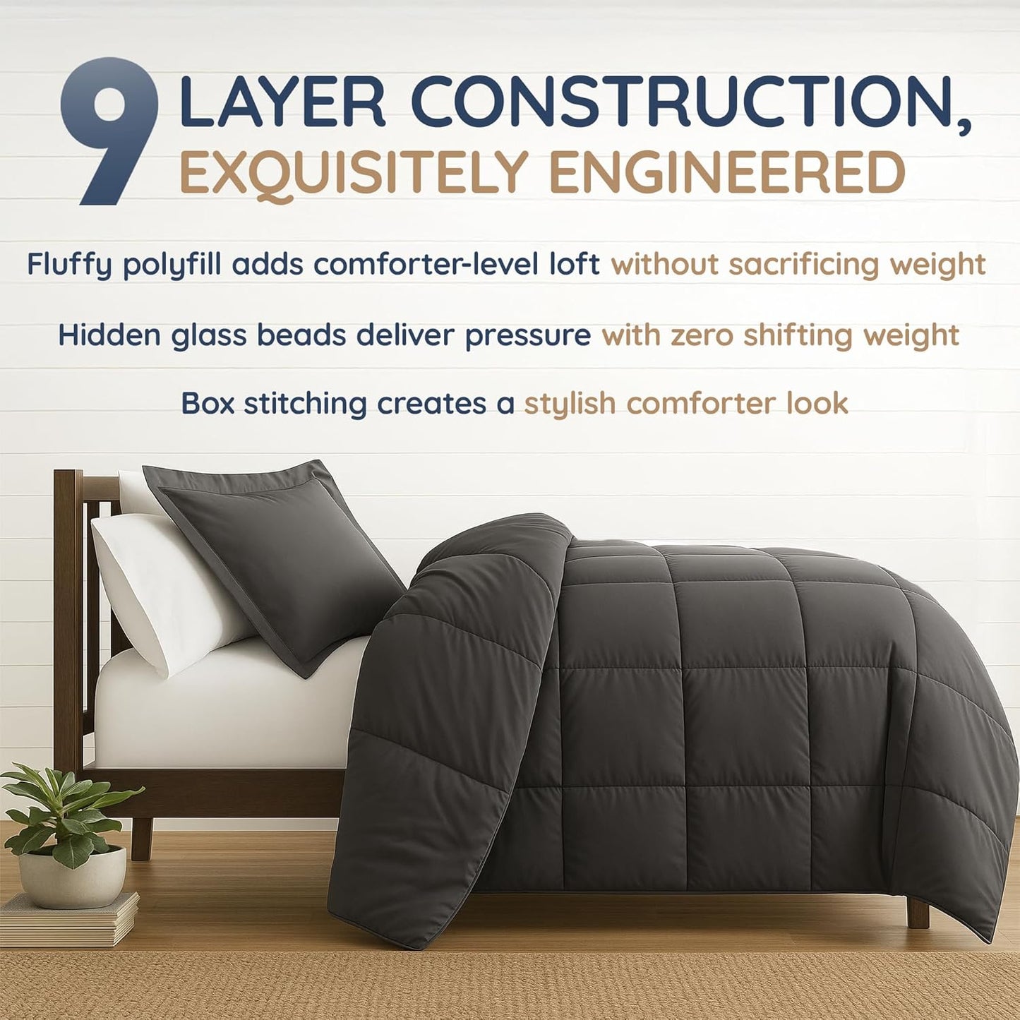 Dluxe Ave. ( KING ) Weighted Oversize Comforter Bedding,(20lbs - 92"x104") 5X More Fluffy, Fits California King Beds, Dark Grey