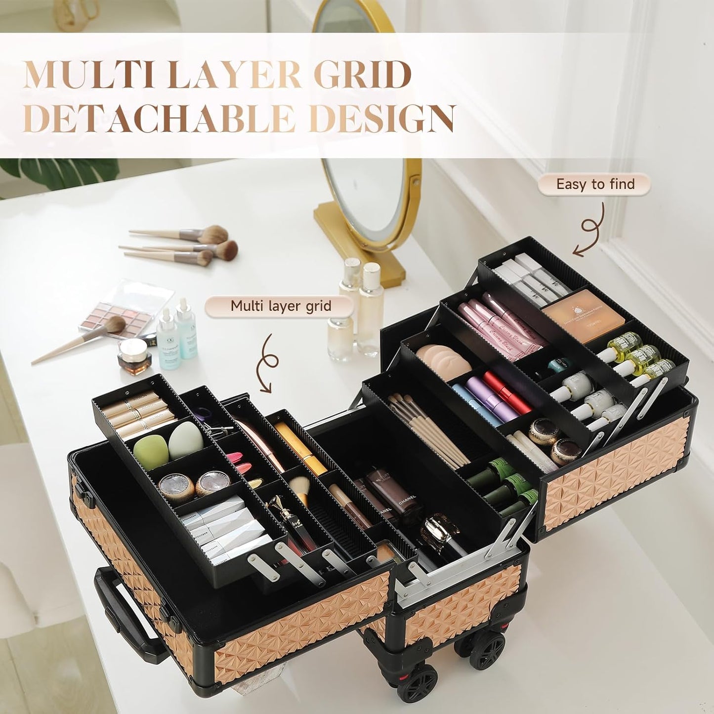 Dluxe Ave. Leeora&Leekoo High-Capacity Multilayer Portable Nail Case for Nail Tech Organizer with Wheels  (rose gold)