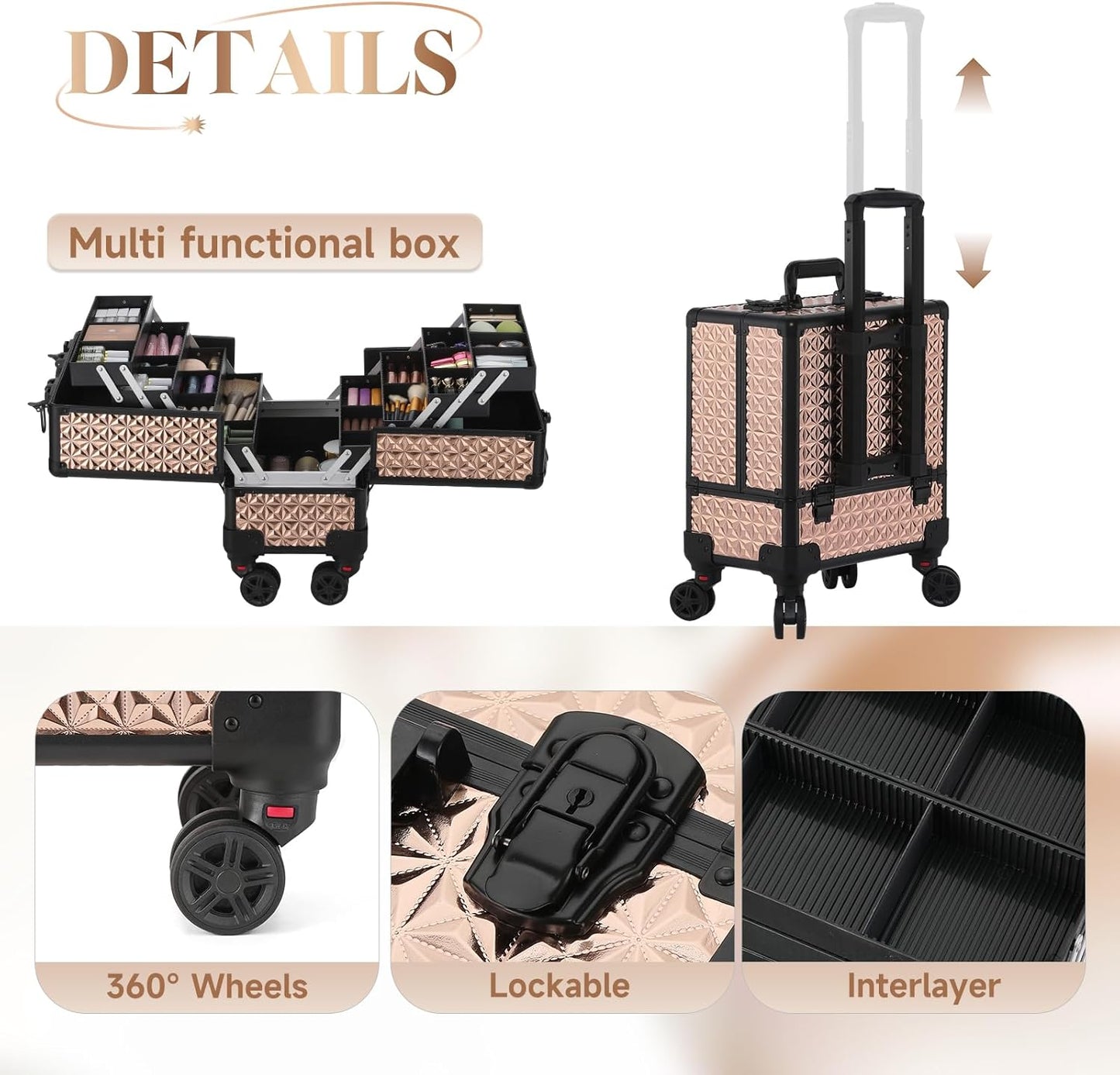 Dluxe Ave. Leeora&Leekoo High-Capacity Multilayer Portable Nail Case for Nail Tech Organizer with Wheels  (rose gold)
