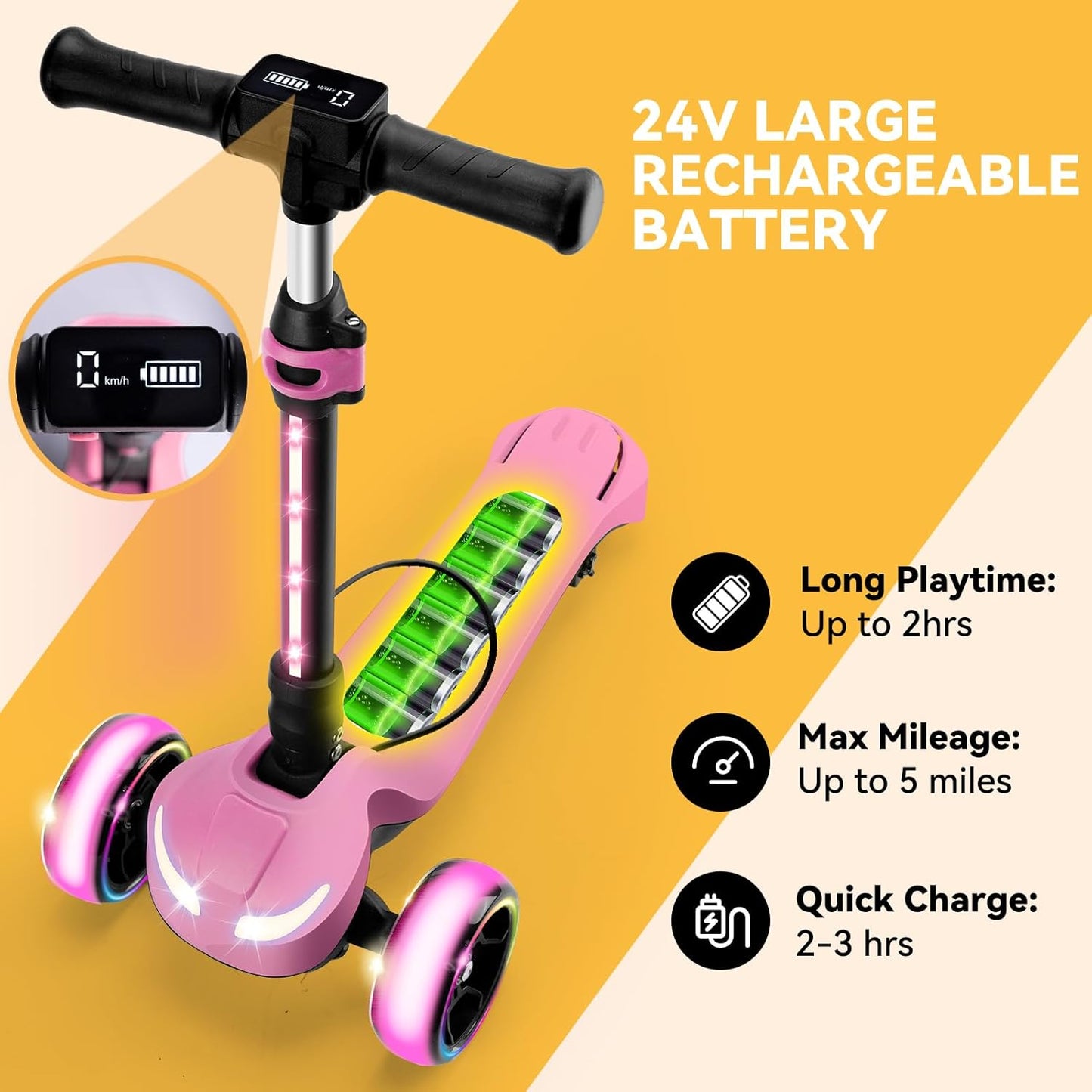 Dluxe Ave.3 Wheel Electric Scooter for Kids Ages 3-8 LCD Display Colorful Lights Reliable Thumb Throttle 3 Adjustable Height 5Mph Safe Speed (Pink)