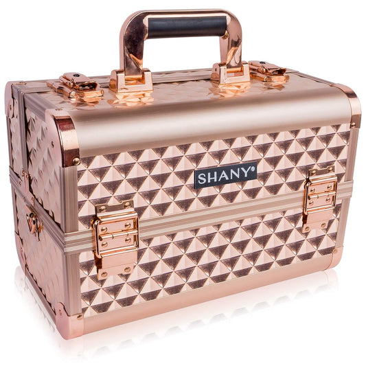 Dluxe Ave. SHANY Chic Makeup Train Case Cosmetic Box Portable Makeup Case Cosmetics Beauty Organizer Jewelry storage with Locks Multi trays Makeup Storage Box with Makeup Mirror - Rose Gold