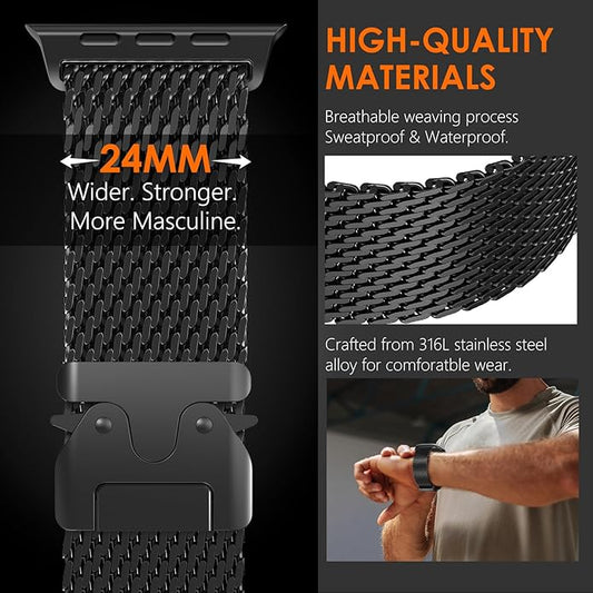 Dluxe Ave. Apple Watch Metal Bands Ultra 2 49mm 46mm Series 10 1:1 Stainless Steel Mesh Loop with Parachute-style Metal Buckle for Apple Watch Series 7 8 9 45mm Series 6 5 4 44mm Black