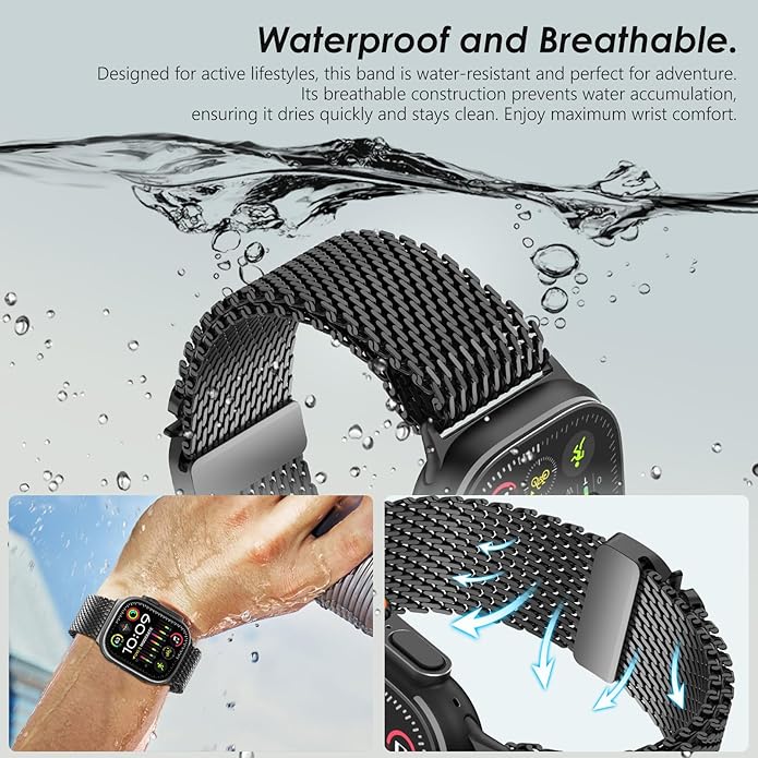 Dluxe Ave. Apple Watch Metal Bands Ultra 2 49mm 46mm Series 10 1:1 Stainless Steel Mesh Loop with Parachute-style Metal Buckle for Apple Watch Series 7 8 9 45mm Series 6 5 4 44mm Black