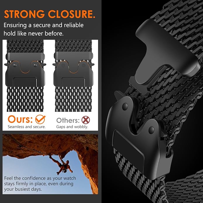 Dluxe Ave. Apple Watch Metal Bands Ultra 2 49mm 46mm Series 10 1:1 Stainless Steel Mesh Loop with Parachute-style Metal Buckle for Apple Watch Series 7 8 9 45mm Series 6 5 4 44mm Black