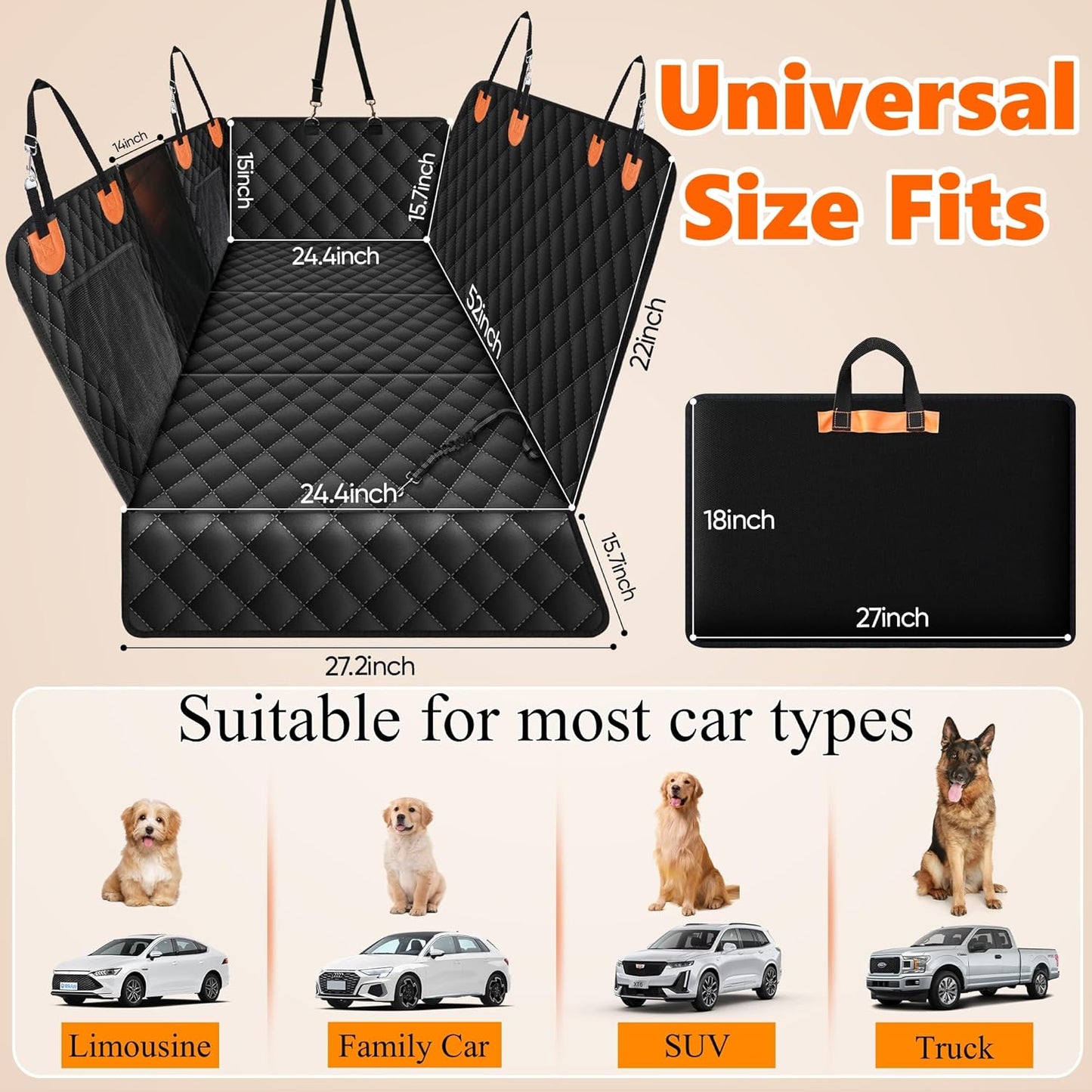 Dluxe Ave.  Back Seat Extender for Dogs-Supports Waterproof Dog Car Seat Cover Hard Bottom-Detachable 600D Heavy Duty Scratch Proof Nonslip Soft Dog Hammock for Car SUV Truck (Holds 450lbs)