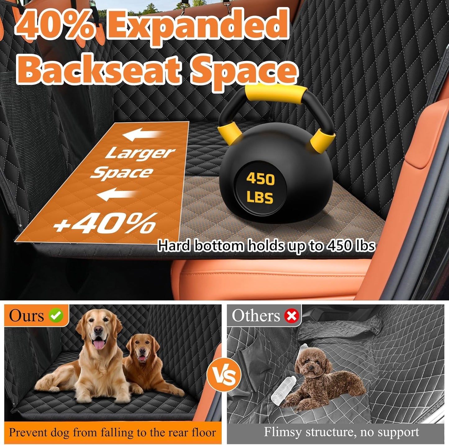 Dluxe Ave.  Back Seat Extender for Dogs-Supports Waterproof Dog Car Seat Cover Hard Bottom-Detachable 600D Heavy Duty Scratch Proof Nonslip Soft Dog Hammock for Car SUV Truck (Holds 450lbs)