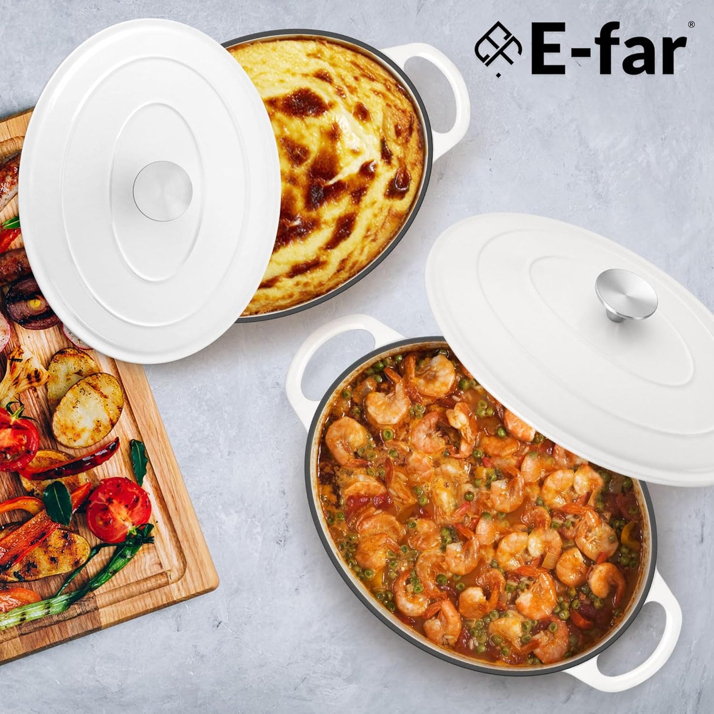 Dluxe Ave. Oval Dutch Oven Pot with Lid/ Enameled/ Cast Iron with Dual Handles (White)