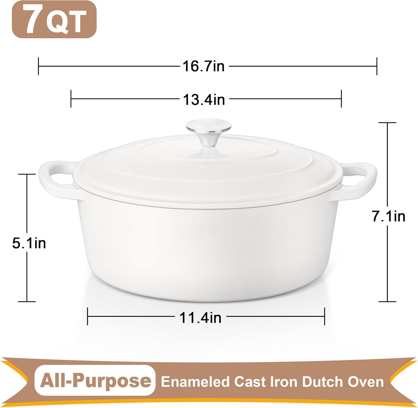 Dluxe Ave. Oval Dutch Oven Pot with Lid/ Enameled/ Cast Iron with Dual Handles (White)