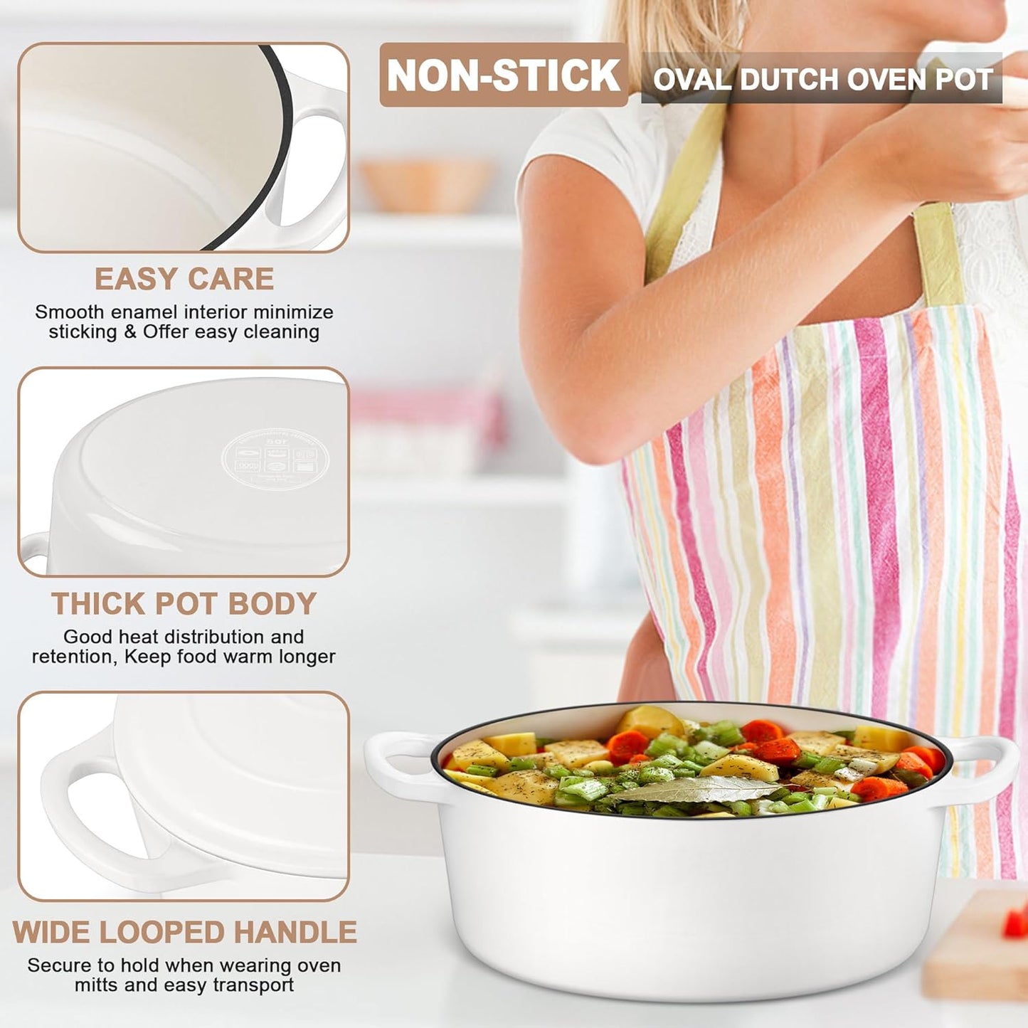 Dluxe Ave. Oval Dutch Oven Pot with Lid/ Enameled/ Cast Iron with Dual Handles (White)