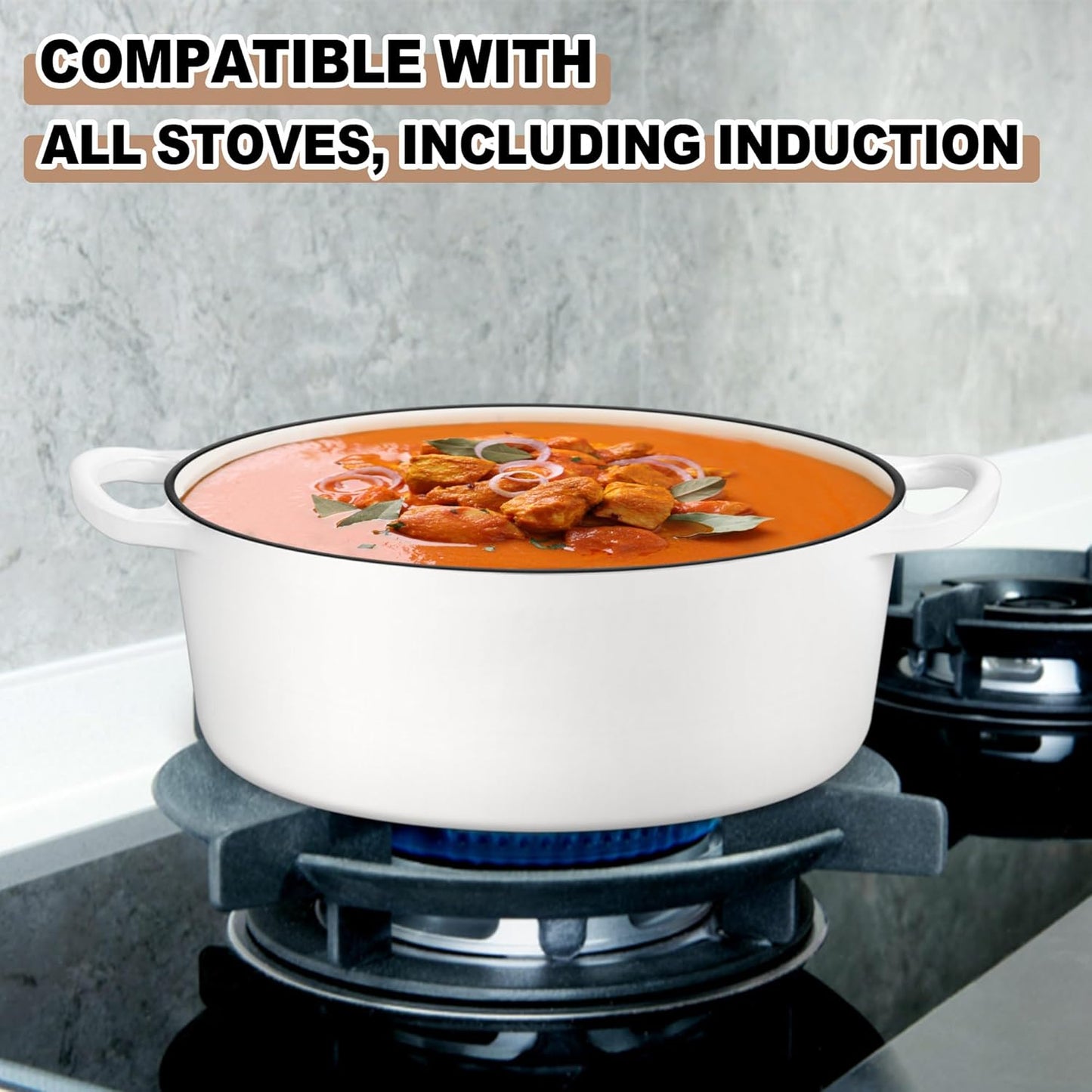 Dluxe Ave. Oval Dutch Oven Pot with Lid/ Enameled/ Cast Iron with Dual Handles (White)