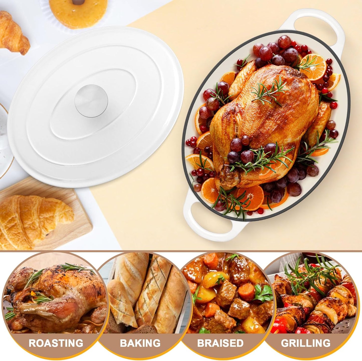 Dluxe Ave. Oval Dutch Oven Pot with Lid/ Enameled/ Cast Iron with Dual Handles (White)