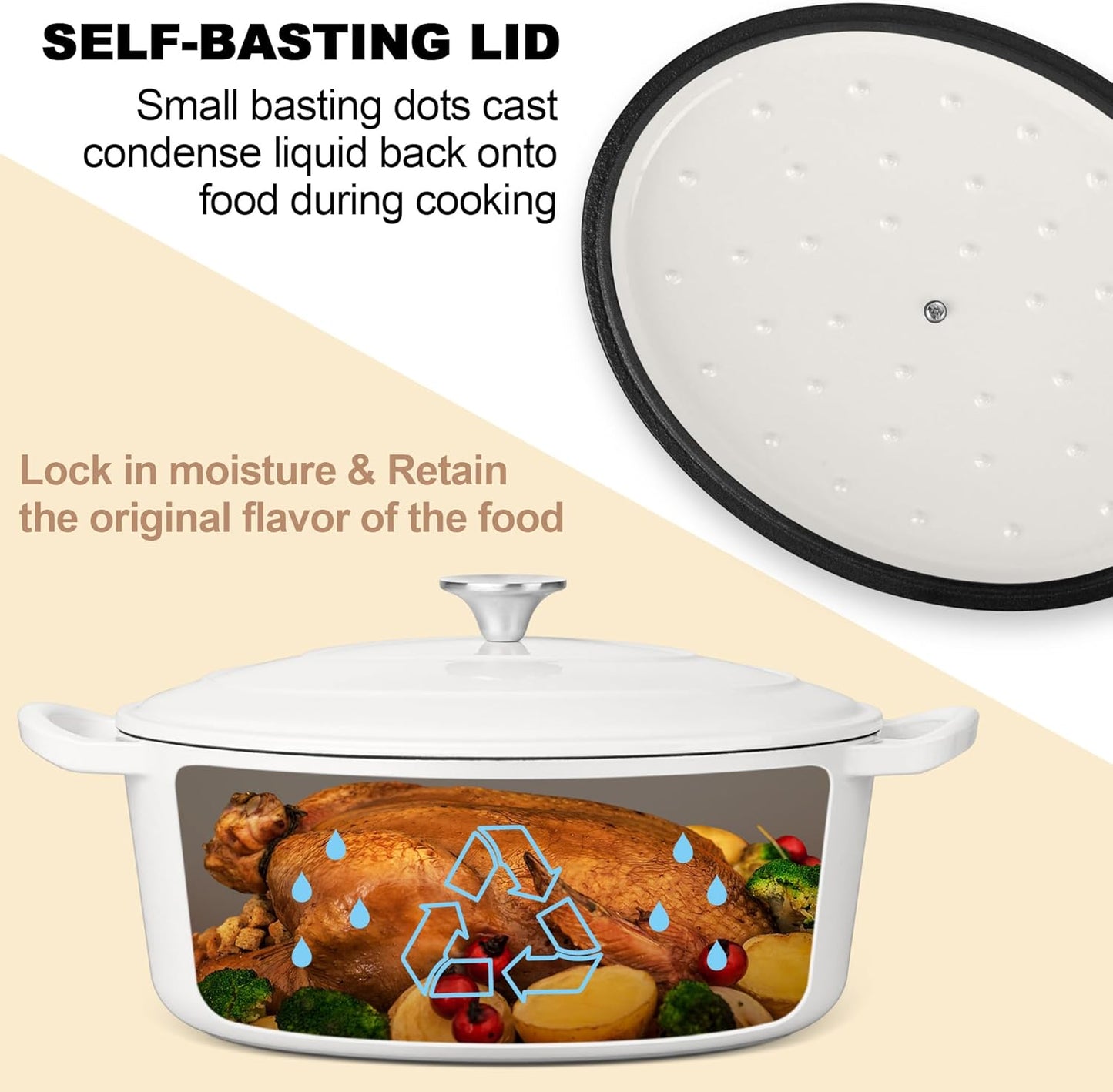Dluxe Ave. Oval Dutch Oven Pot with Lid/ Enameled/ Cast Iron with Dual Handles (White)
