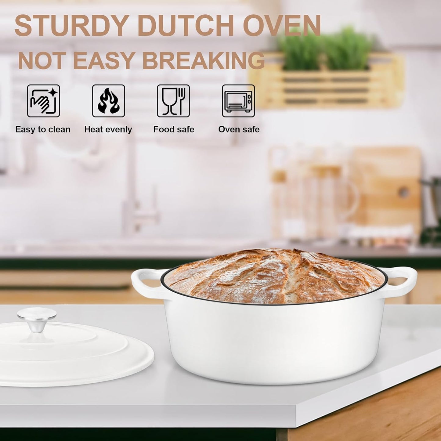 Dluxe Ave. Oval Dutch Oven Pot with Lid/ Enameled/ Cast Iron with Dual Handles (White)