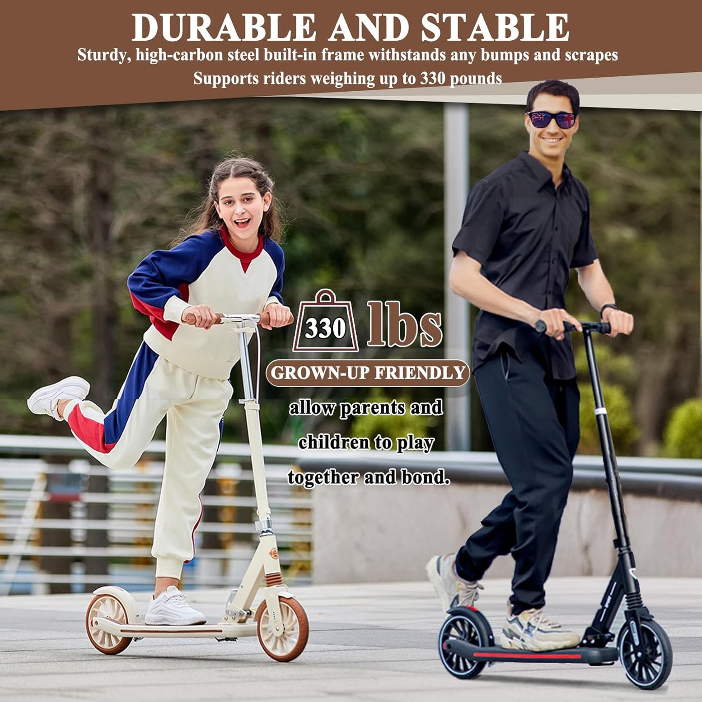 Dluxe Ave. CUIOT Commuter Adult Scooter 330 lbs Capacity 8IN Solid Tires Big Wheels Scooters 3 Handle Height Adjustable Levels with Double Braking System Foldable ScooterKick Scooter for Ages 6+Black