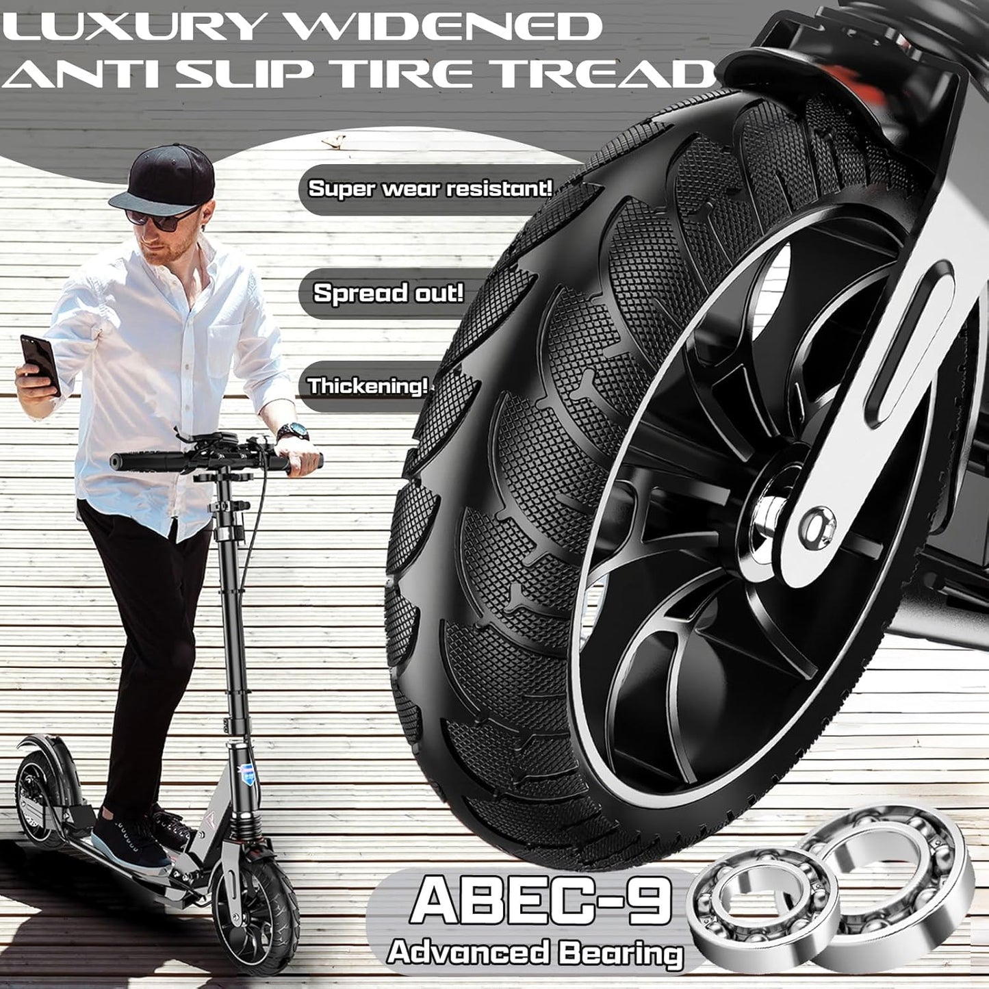 Dluxe Ave. CUIOT Kick Scooter for Ages 6+Kid Teens & Adults - Max Load 300 LBS 4 Adjustable Levels 200mm Big Wheel Folding Scooter White