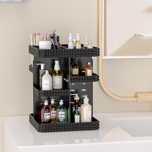 Dluxe Ave. HEMTROY Rotating Makeup Organizer with Makeup Brush Holder Large Capacity Perfume Organizer for Vanity Countertop Acrylic Skincare Organizers Spinning Holder Storage Rack (Black)