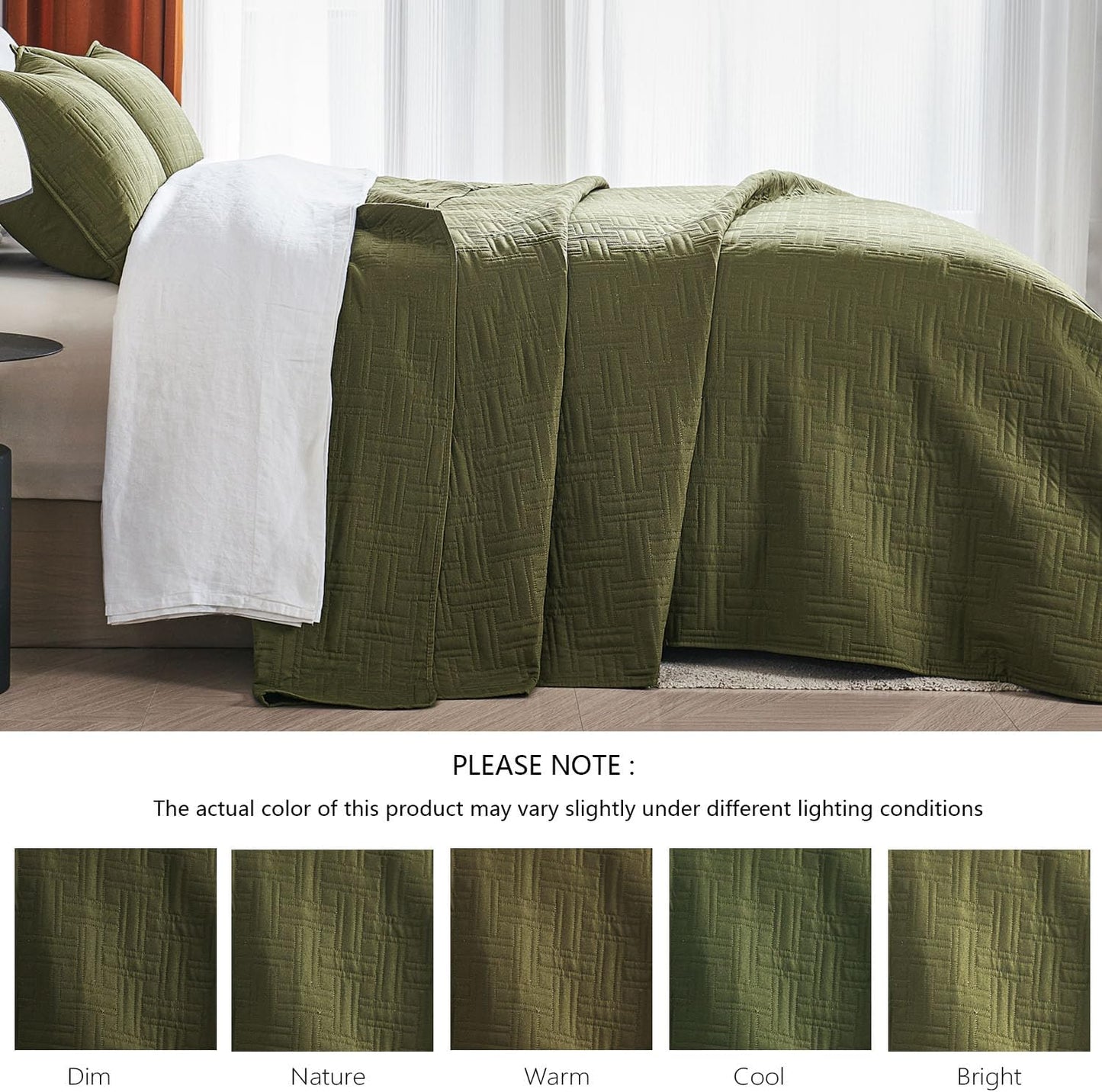 Dluxe Ave. ( CALI./ KING) 3 Pcs Quilt Bedding Set/ Thin Comforter for All Seasons/ Oliver Green110x96