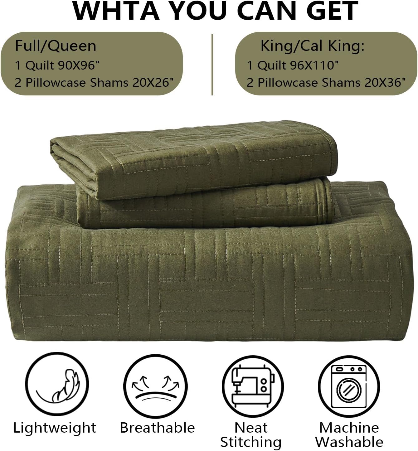 Dluxe Ave. ( CALI./ KING) 3 Pcs Quilt Bedding Set/ Thin Comforter for All Seasons/ Oliver Green110x96