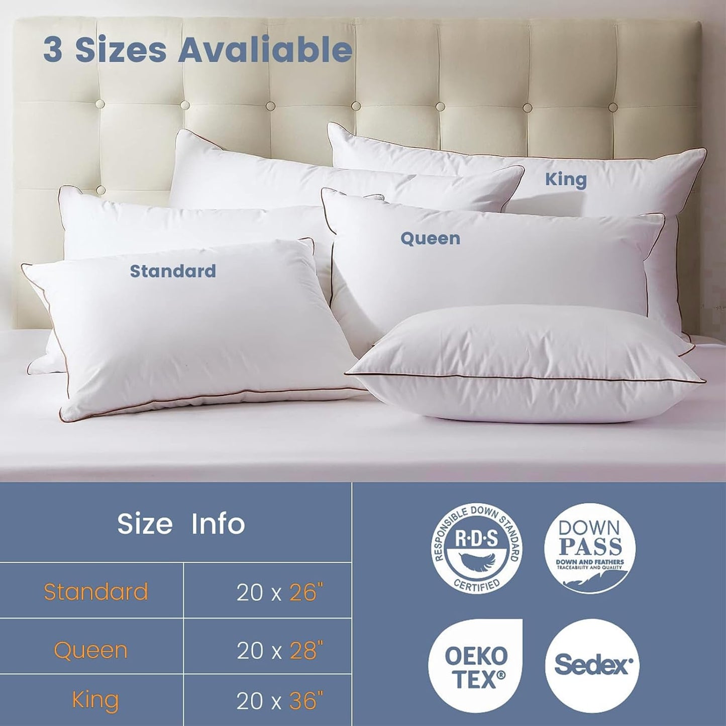 Dluxe Ave. ( STANDARD) Goose Down Pillow, Set of 2,  Luxury Hotel Quality (20 x 26”)